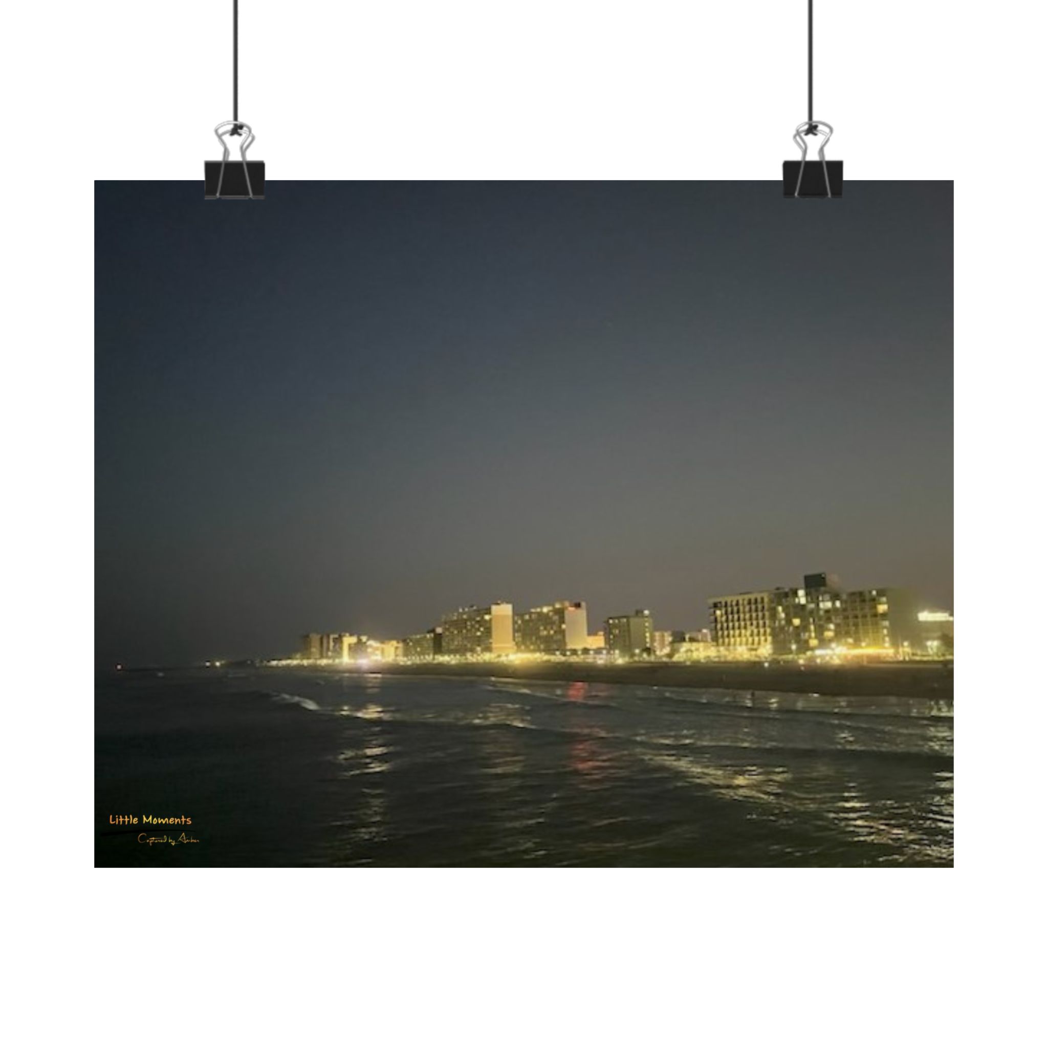 City Lights at Night Series2 Matte Horizontal Poster — Oceanfront Night Skyline Print (‘Lifeguard Memories’ Text)