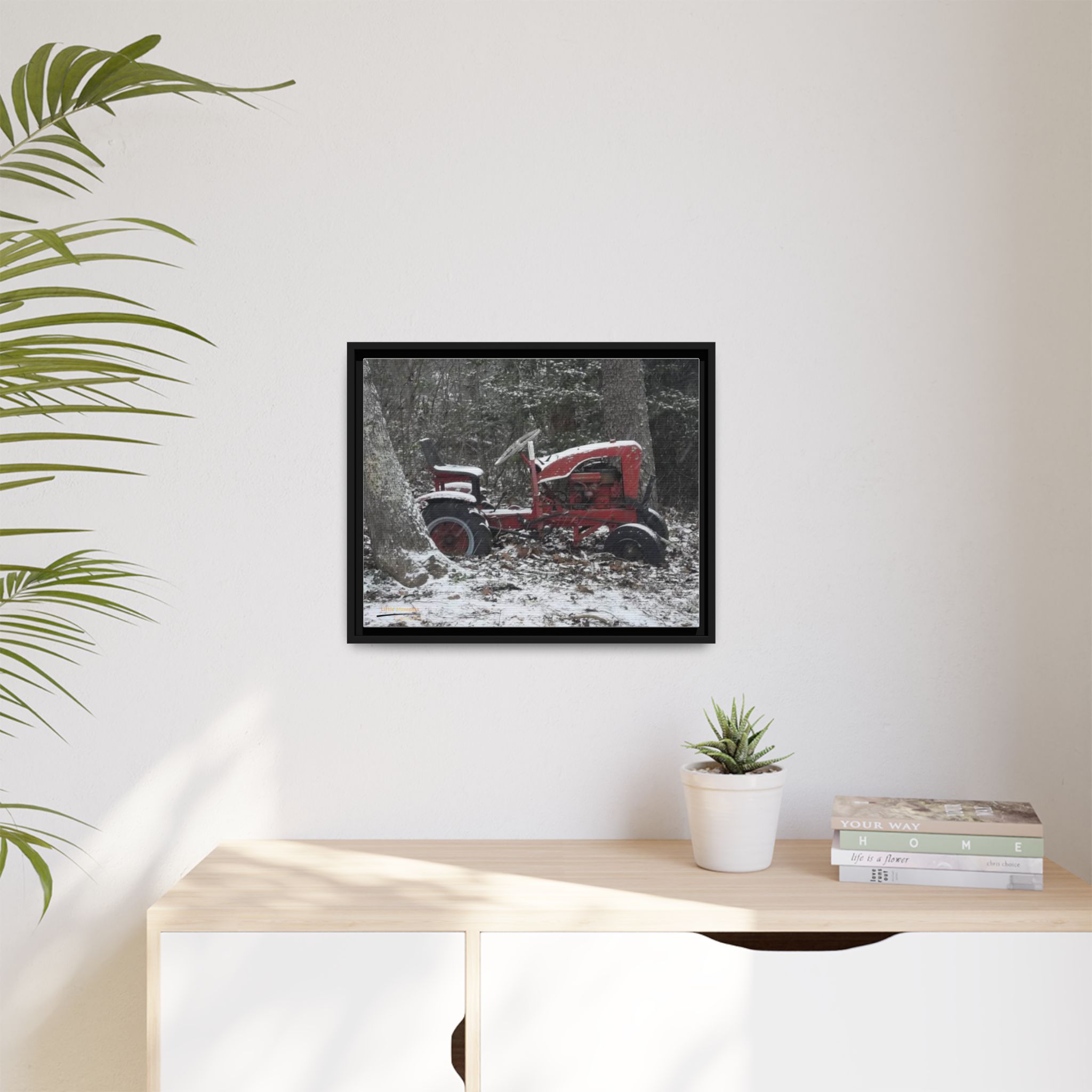 10471276456175329657_2048.jpeg Vintage Red Tractor in Snow — Framed Matte Canvas Wall Art