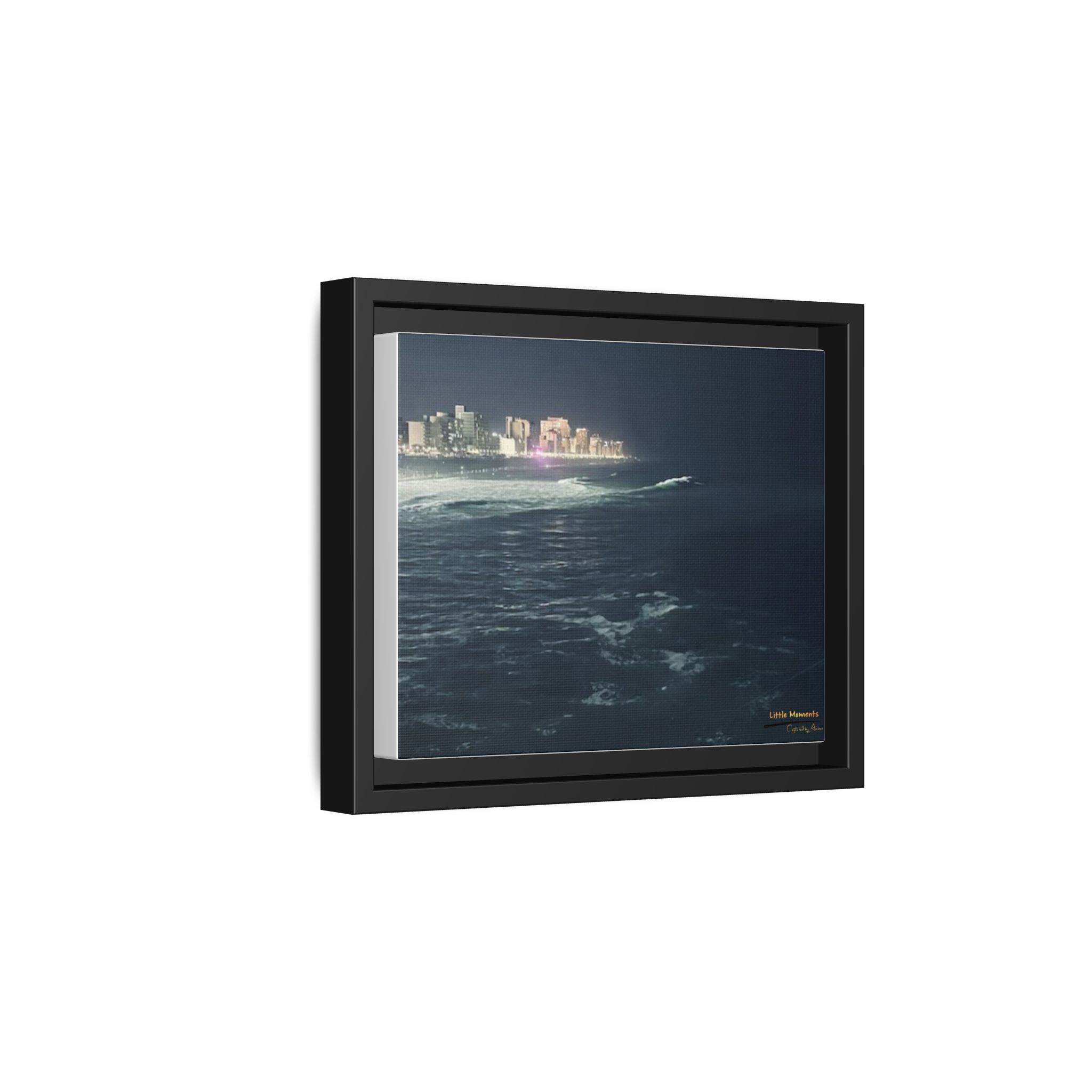 City Lights at Night Ocean Waves 2 Matte Framed Canvas — City Lights Over Ocean Wall Art