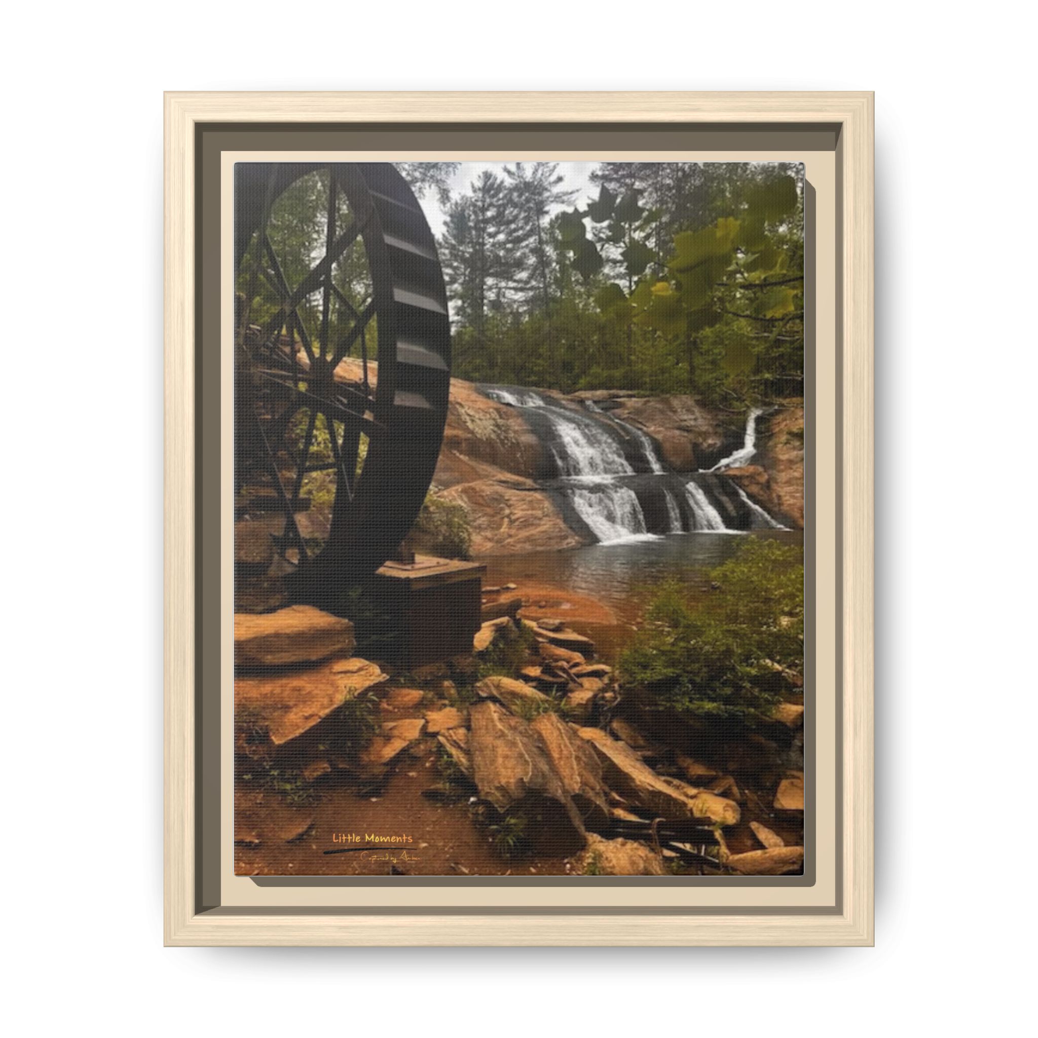 Waterwheel Waterfall Framed Canvas Print – Rustic Nature Wall Art