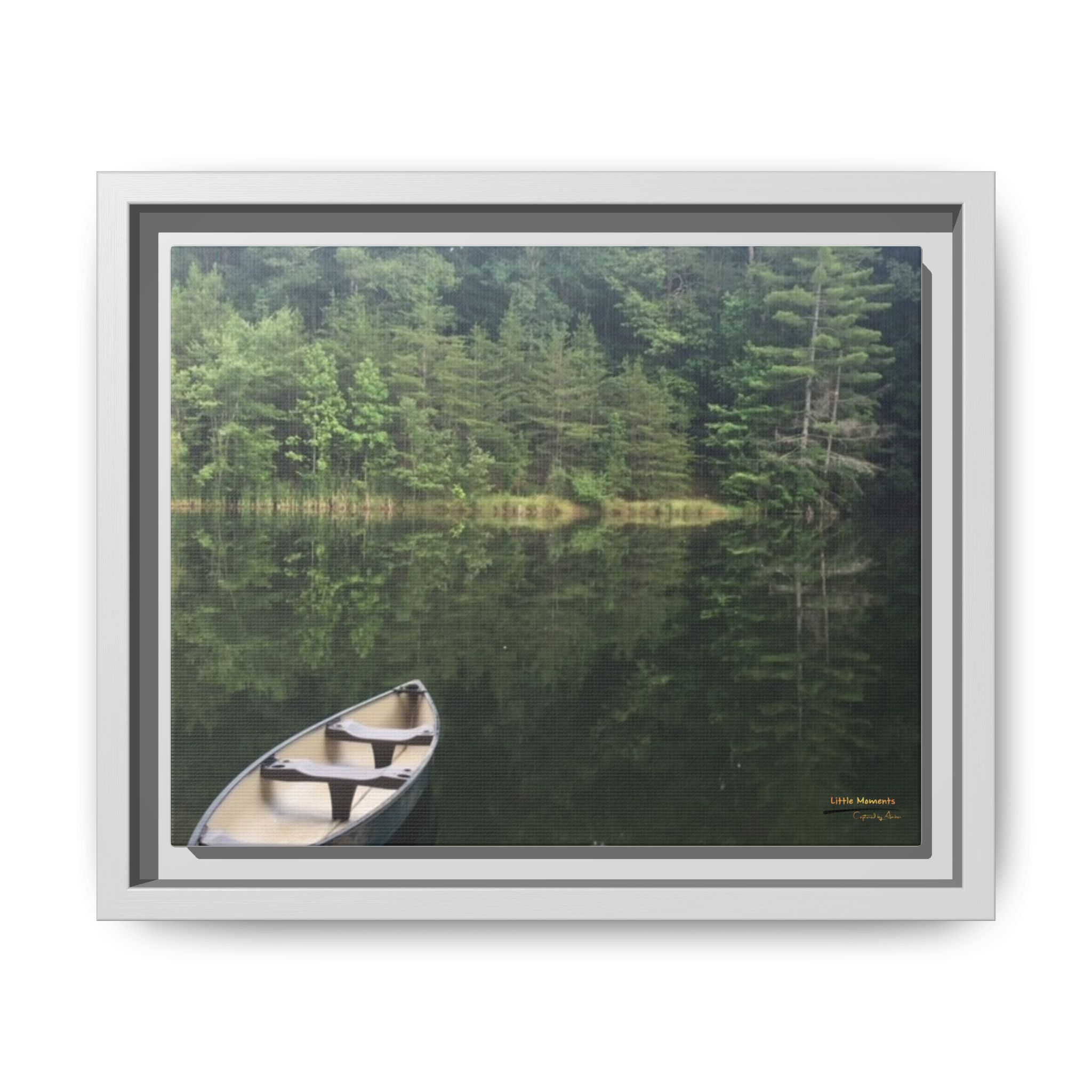 Canoe at Dawn Matte Canvas Print — Serene Forest Reflection Wall Art