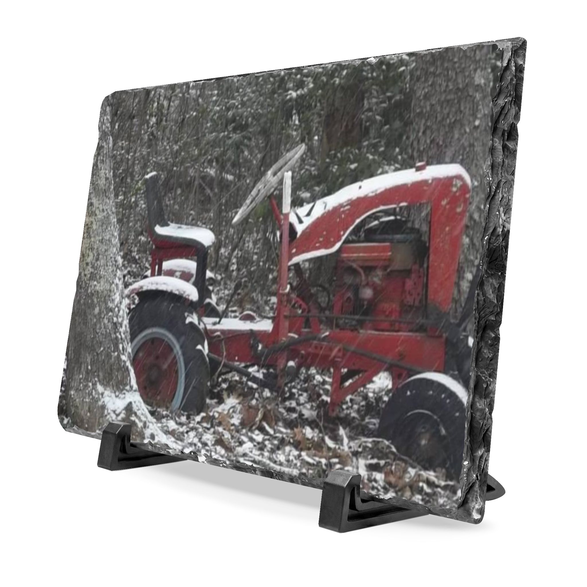 Vintage Red Tractor Slate Desk Plaque — Rustic Farmhouse Decor, Snowy Winter Scene