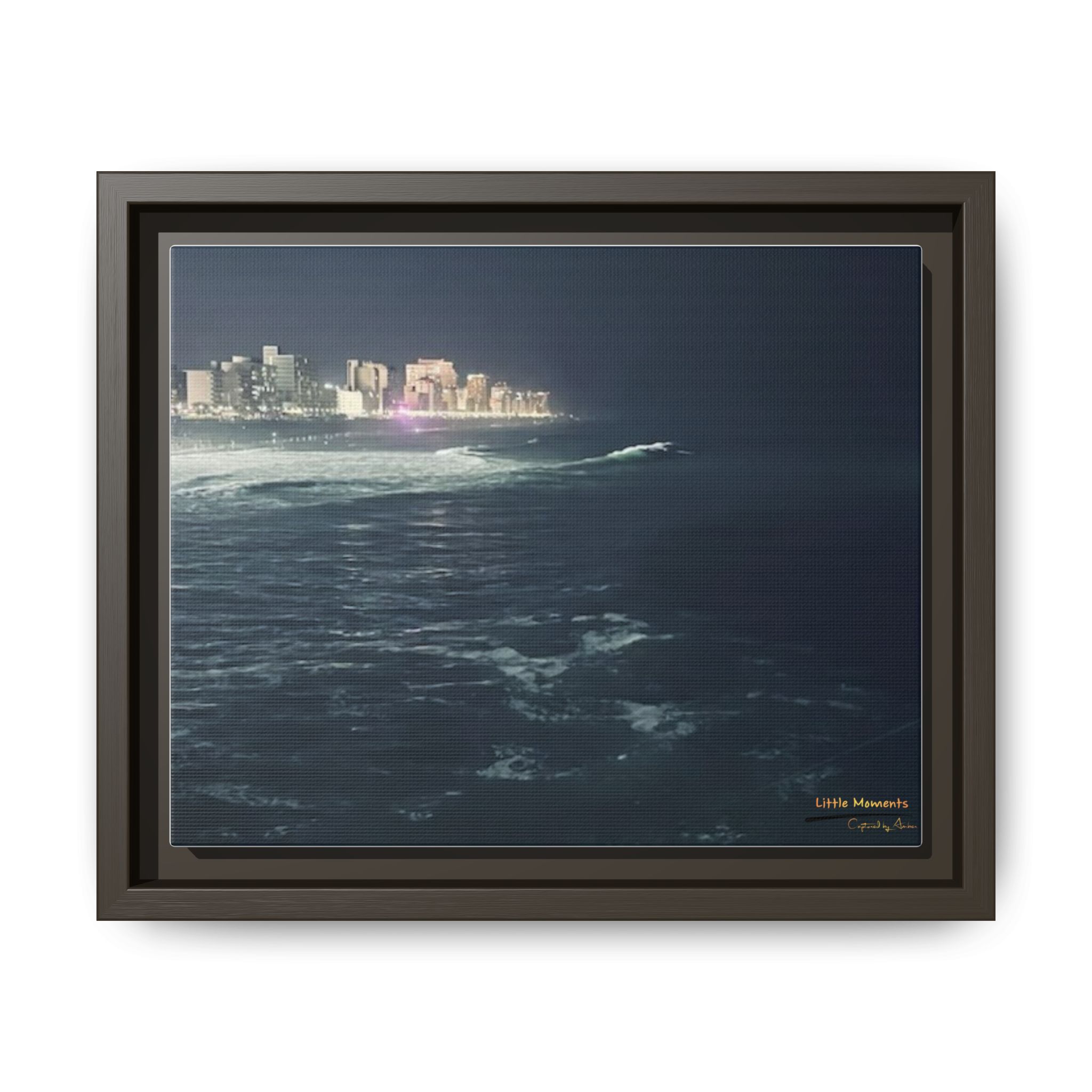 City Lights at Night Ocean Waves 2 Matte Framed Canvas — City Lights Over Ocean Wall Art