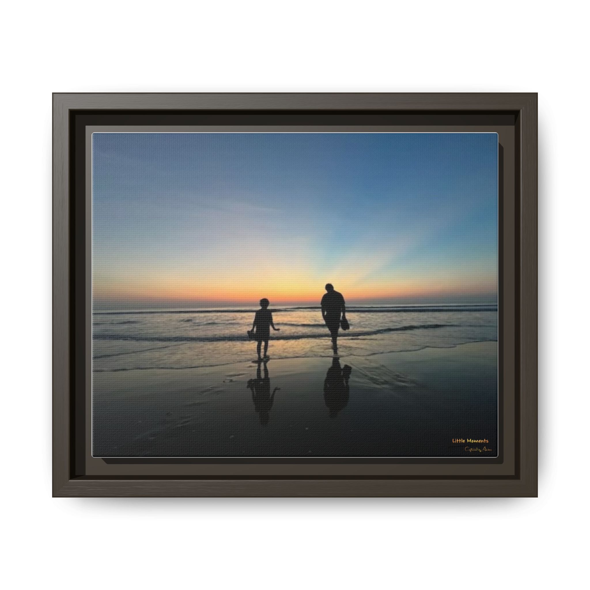 Father and Child Beach Sunset Framed Matte Canvas Print