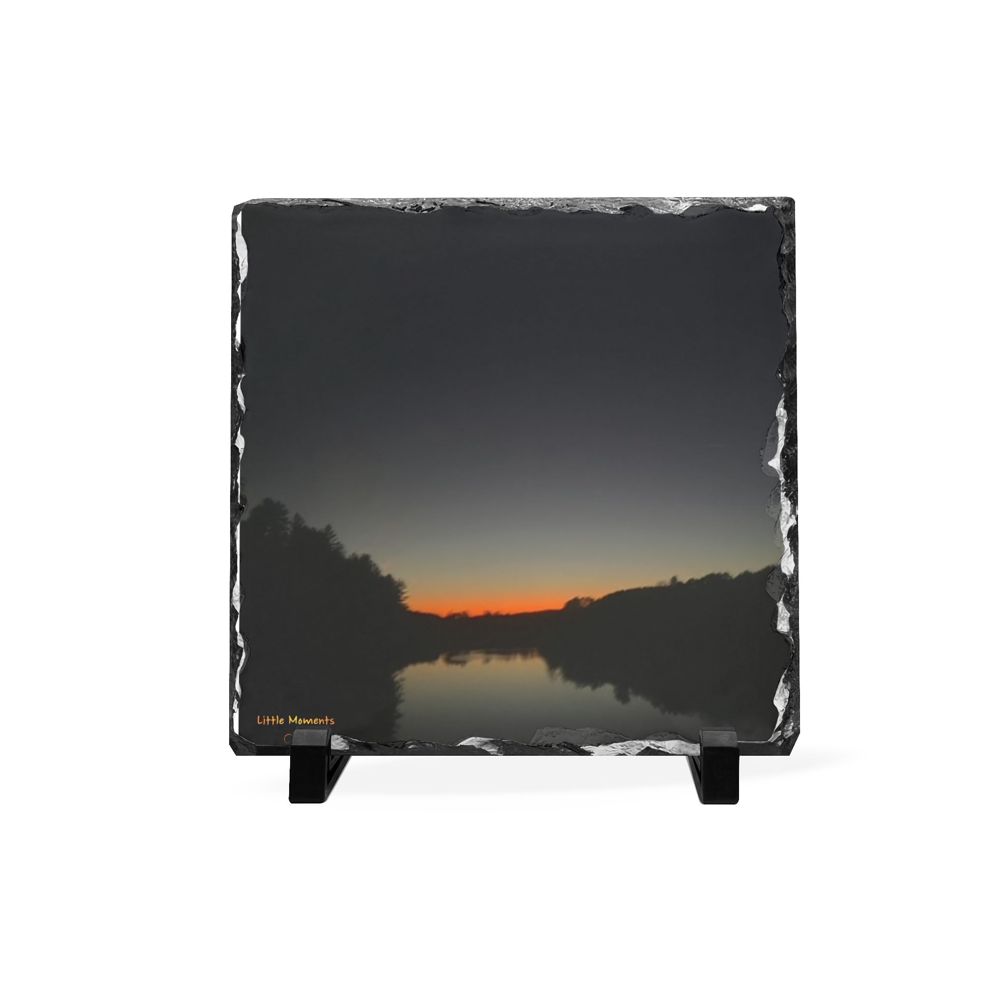 Calm Lake Sunset Slate Desk Plaque – Rustic Evening Landscape Home Décor