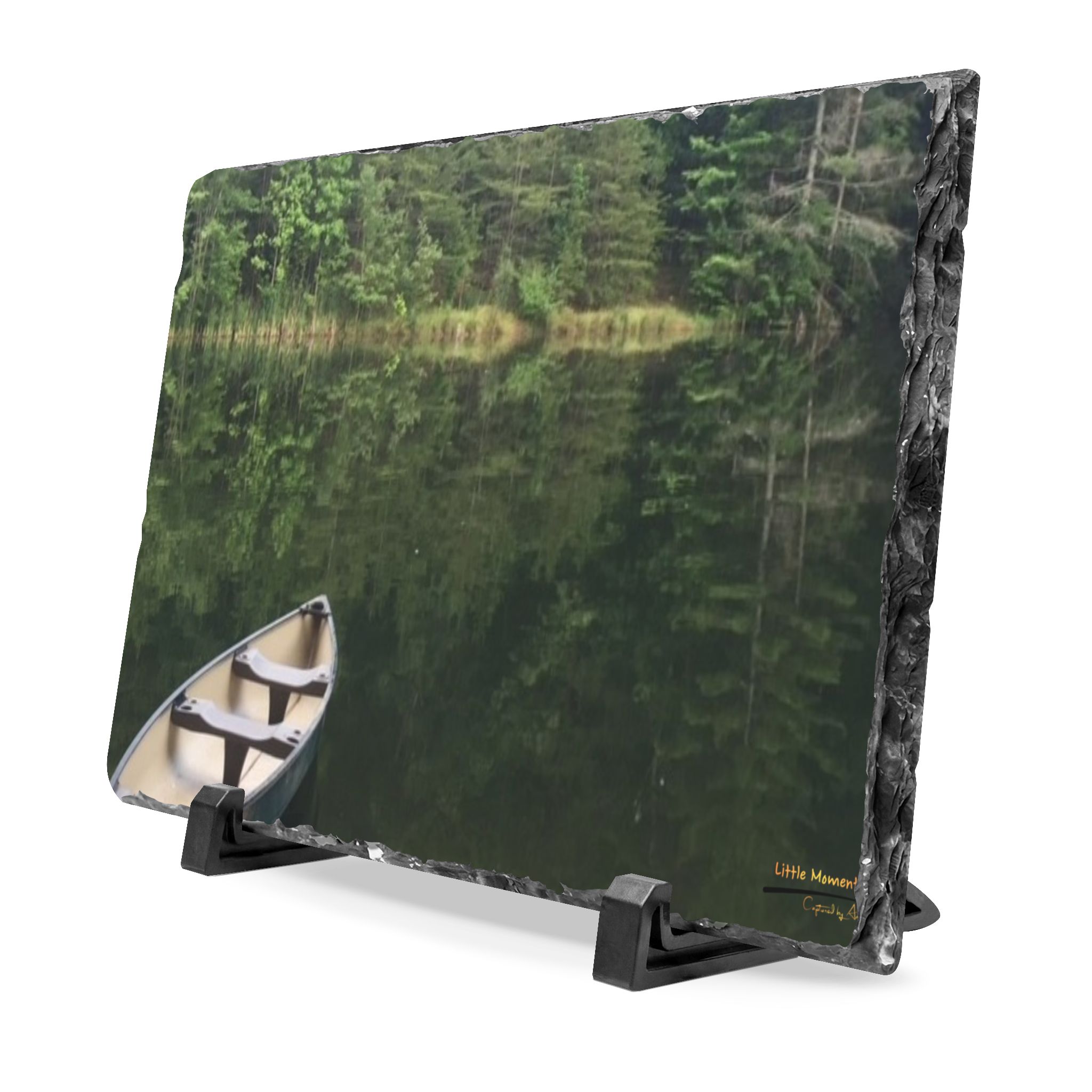 Canoe at Dawn Slate Desk Plaque – Tranquil Forest Reflection Decor