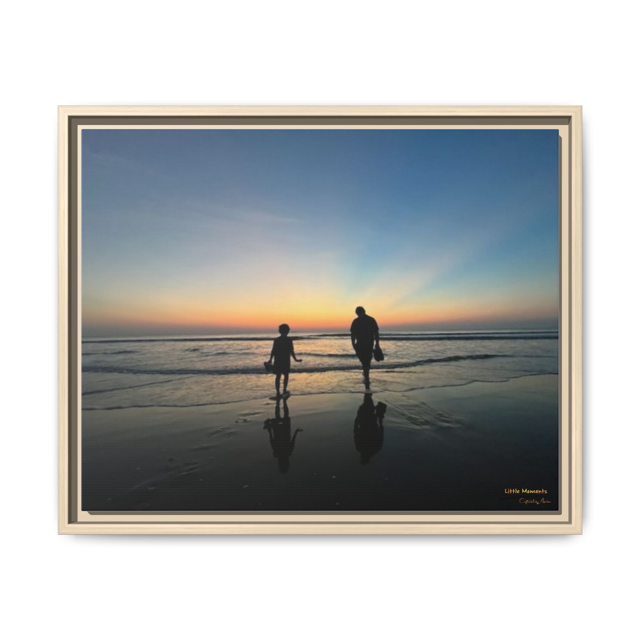 Father and Child Beach Sunset Framed Matte Canvas Print