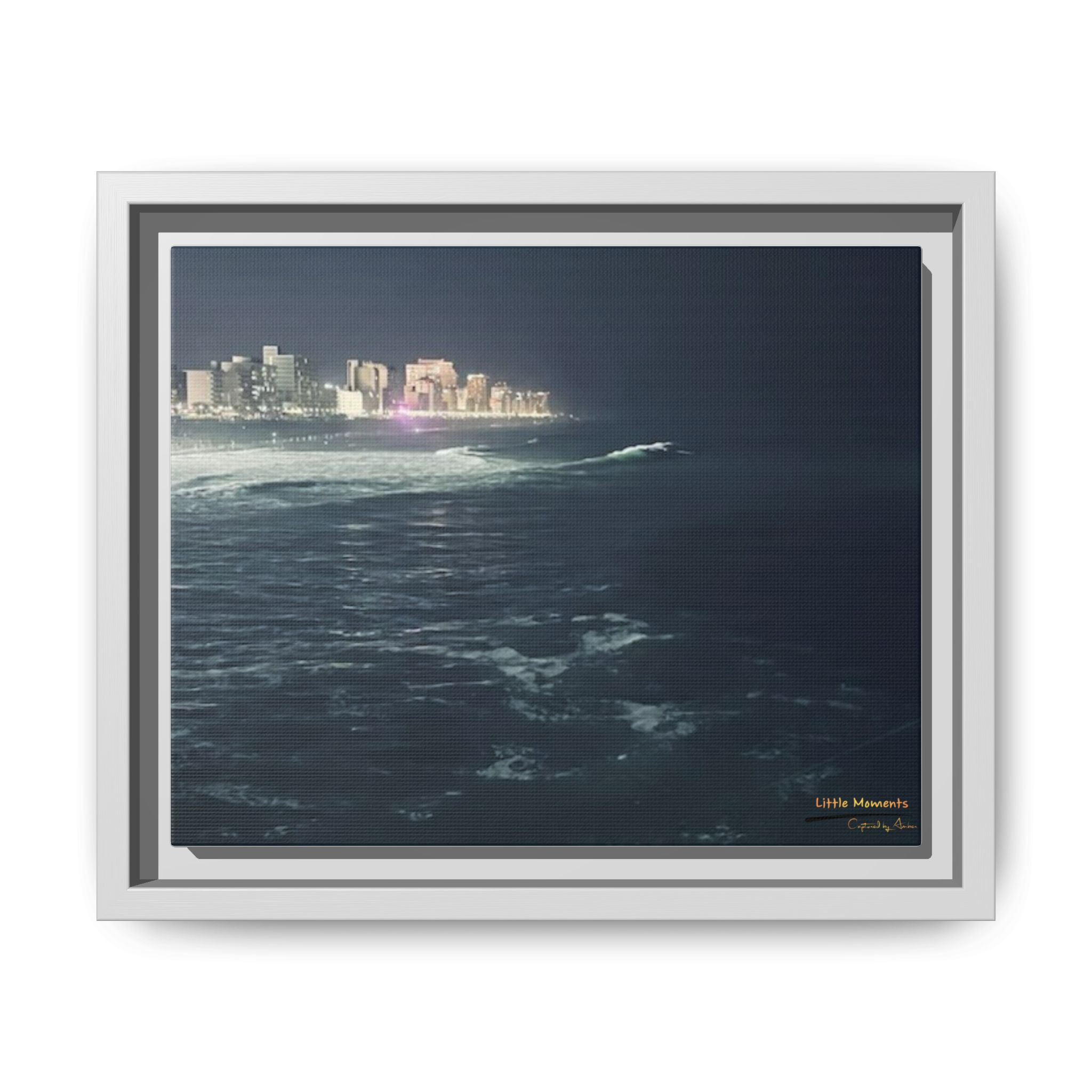 City Lights at Night Ocean Waves 2 Matte Framed Canvas — City Lights Over Ocean Wall Art
