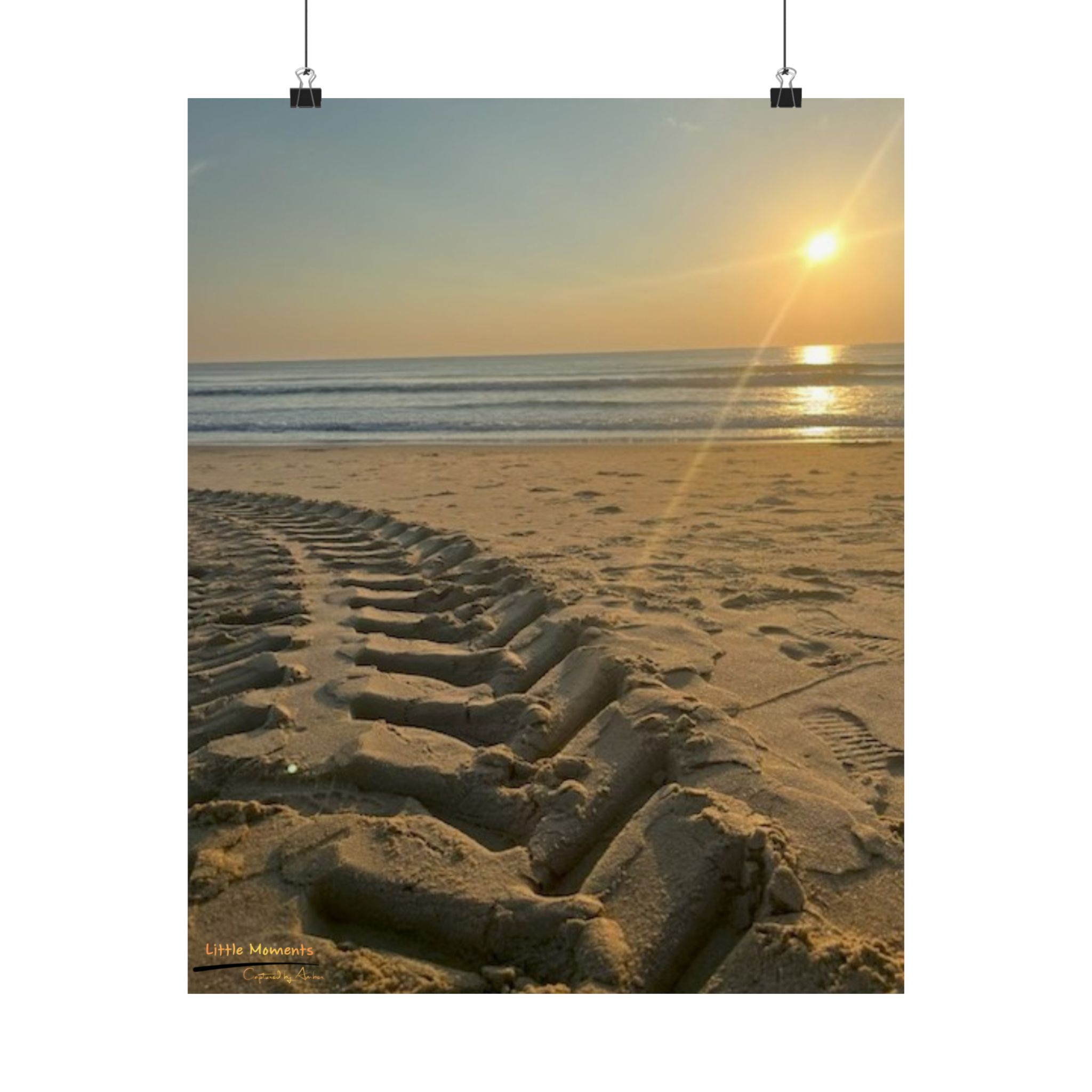 Sunset Beach Tire Track Poster — Matte Vertical Coastal Wall Art