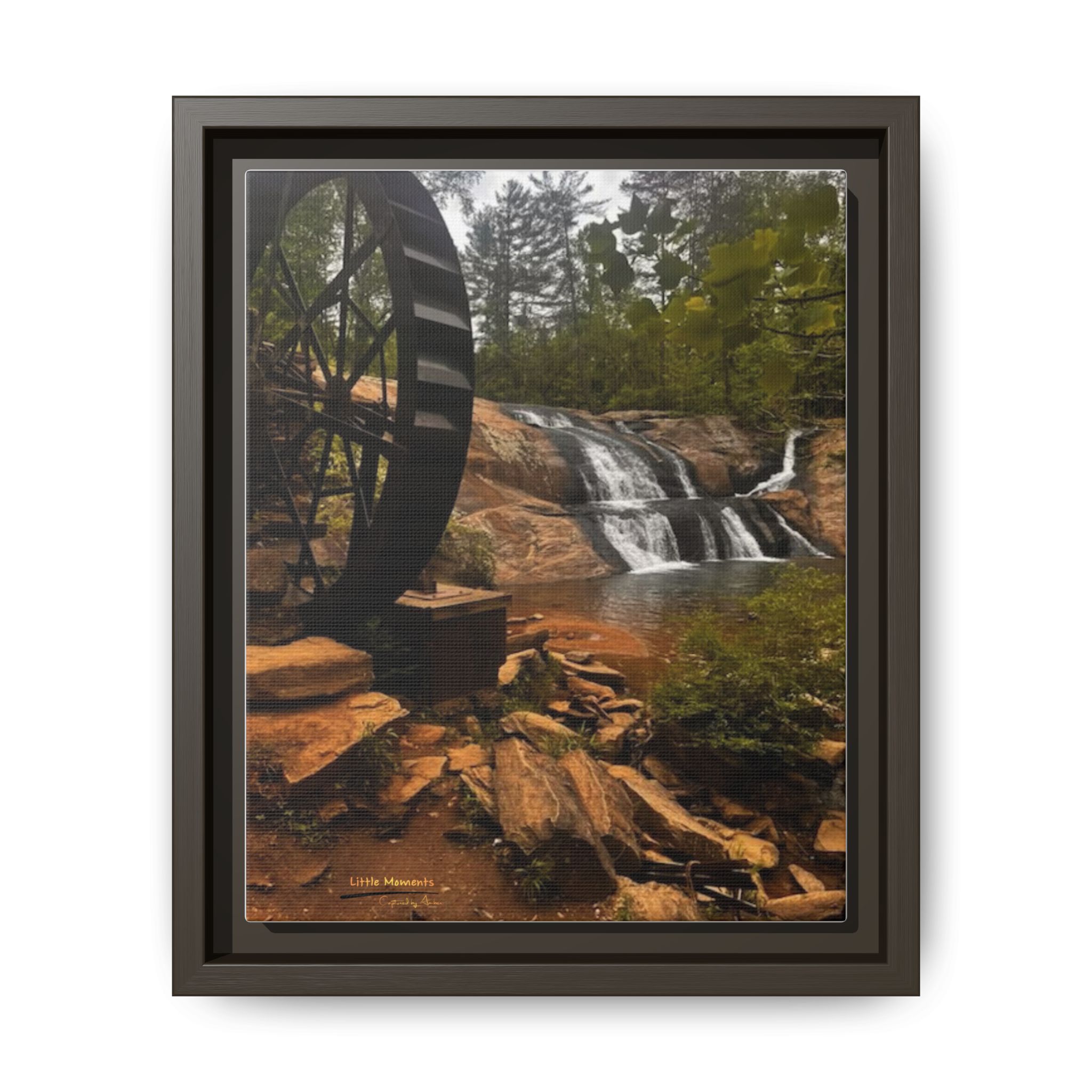 Waterwheel Waterfall Framed Canvas Print – Rustic Nature Wall Art