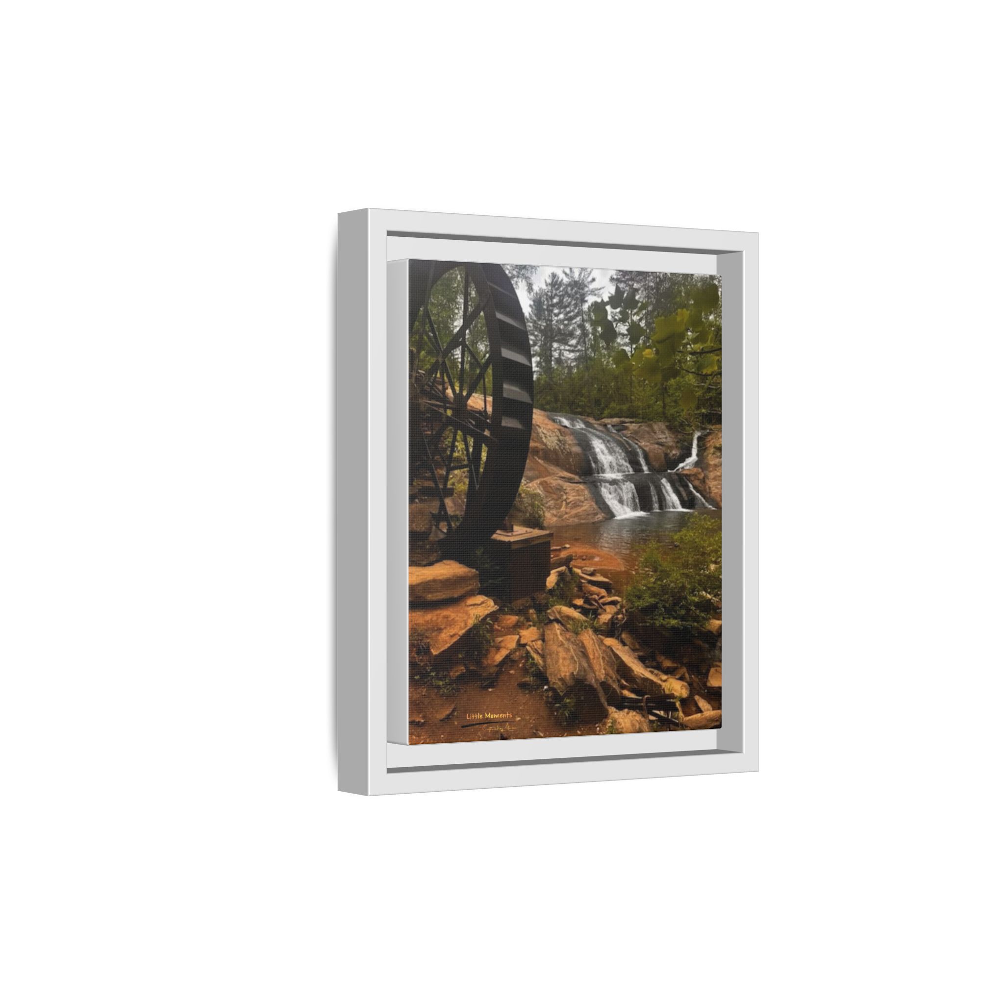 Waterwheel Waterfall Framed Canvas Print – Rustic Nature Wall Art