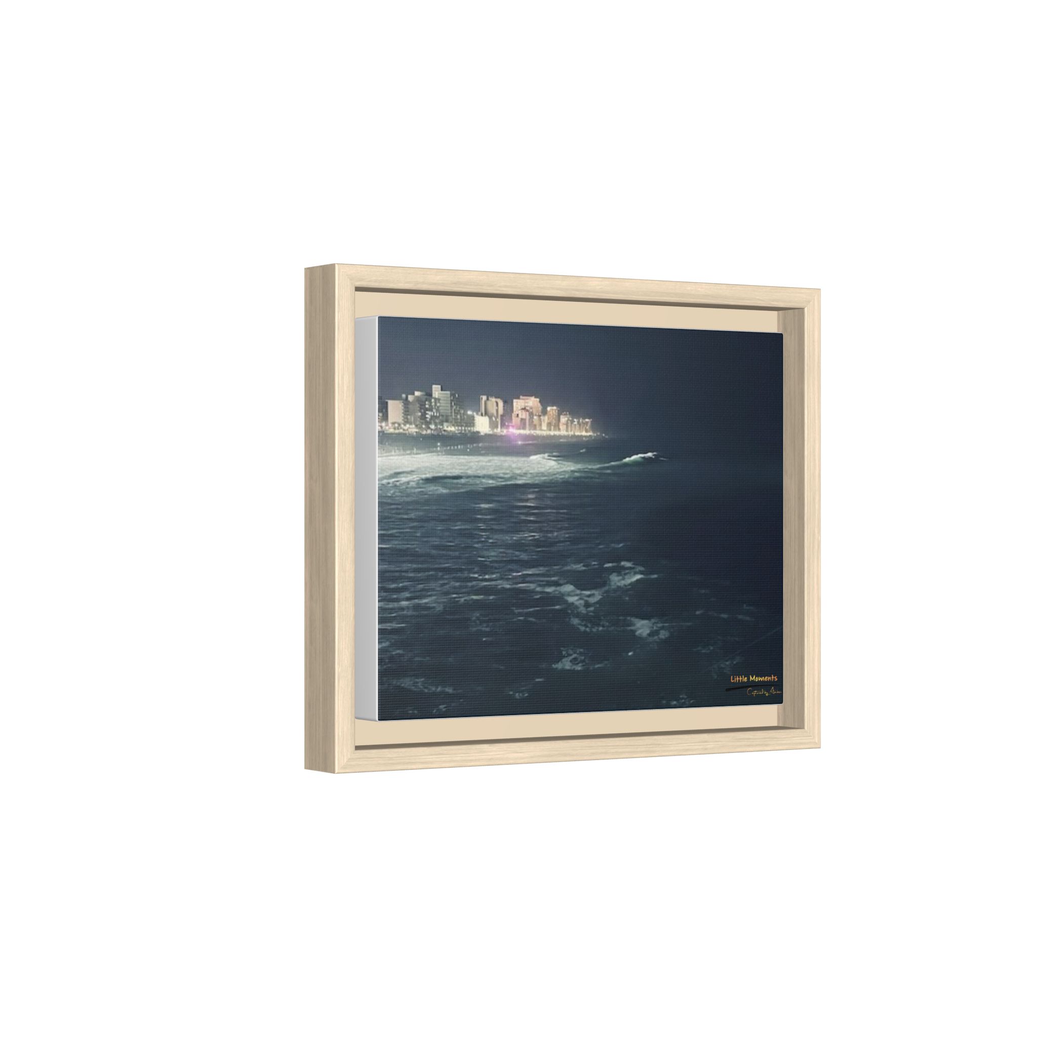 City Lights at Night Ocean Waves 2 Matte Framed Canvas — City Lights Over Ocean Wall Art
