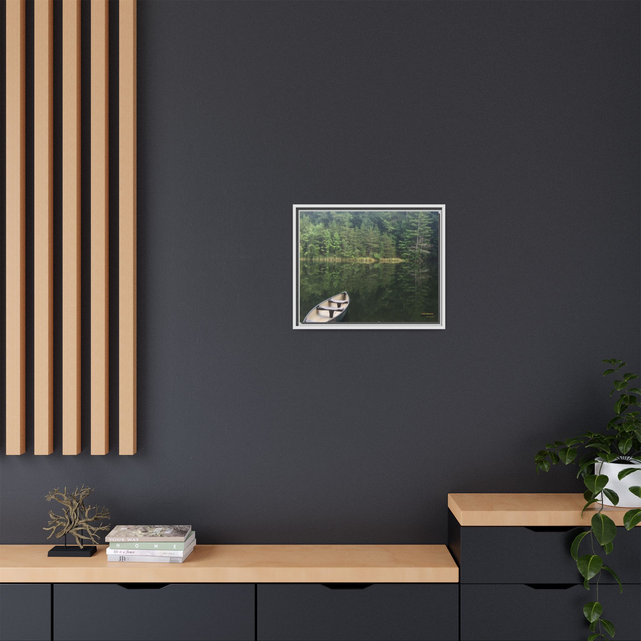 Canoe at Dawn Matte Canvas Print — Serene Forest Reflection Wall Art