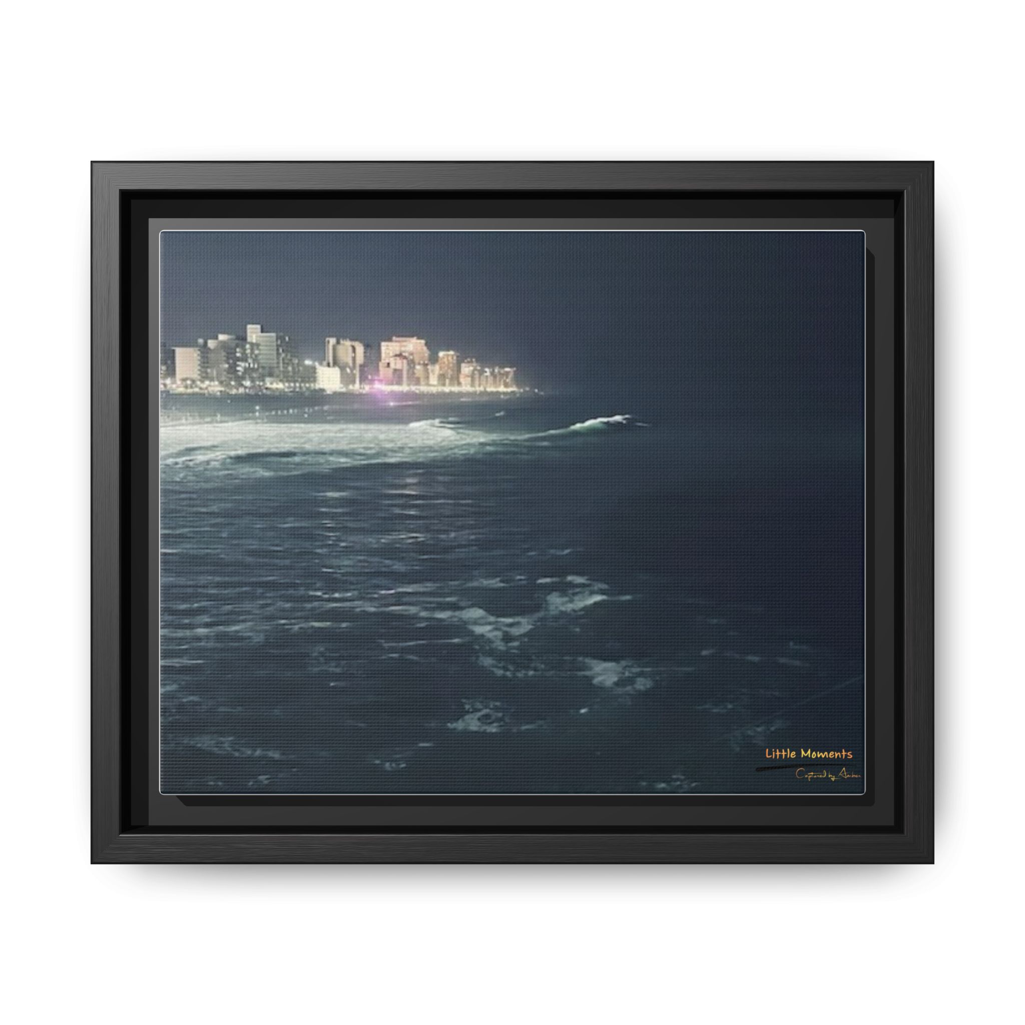 City Lights at Night Ocean Waves 2 Matte Framed Canvas — City Lights Over Ocean Wall Art