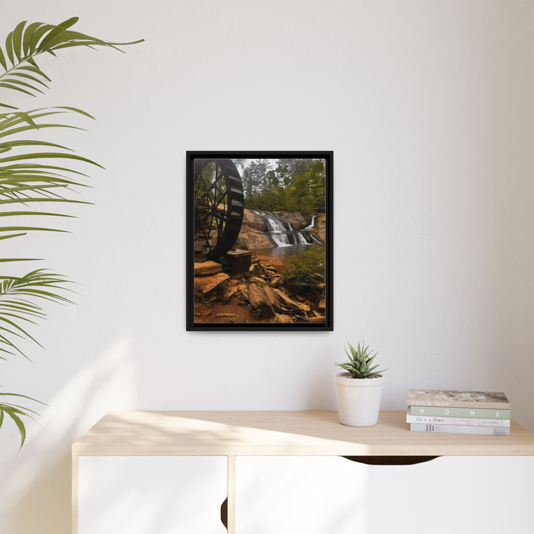 Waterwheel Waterfall Framed Canvas Print – Rustic Nature Wall Art