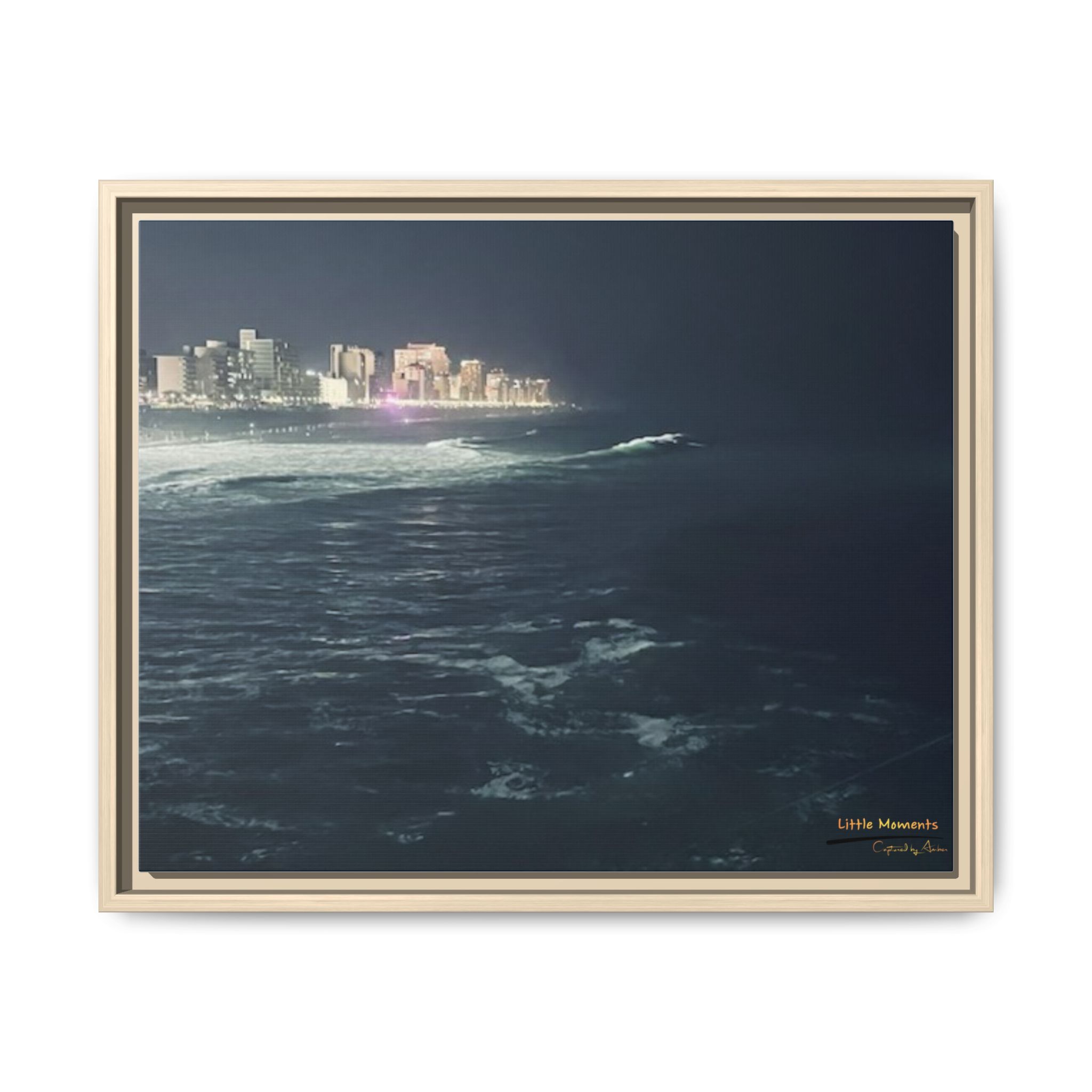 City Lights at Night Ocean Waves 2 Matte Framed Canvas — City Lights Over Ocean Wall Art