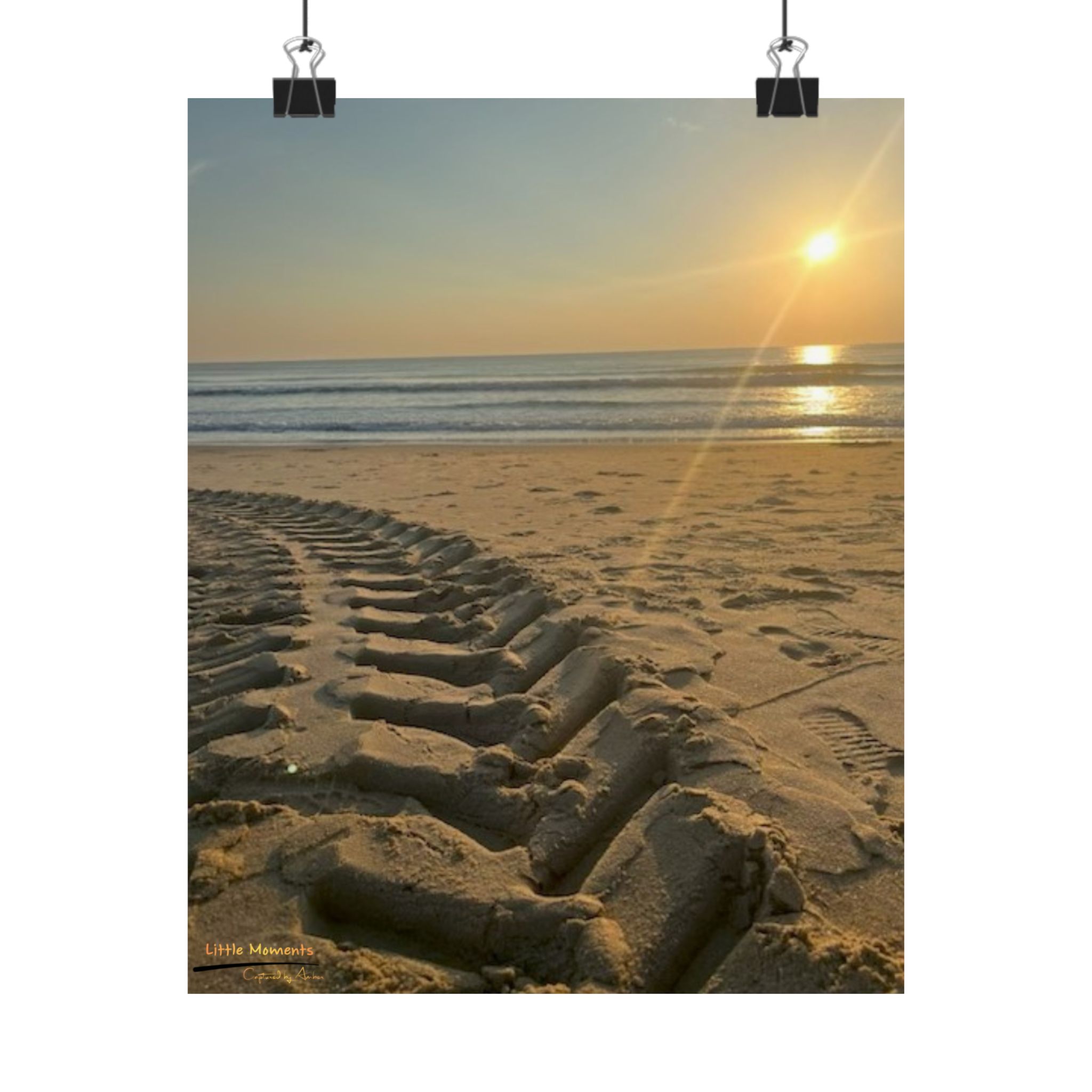 Sunset Beach Tire Track Poster — Matte Vertical Coastal Wall Art