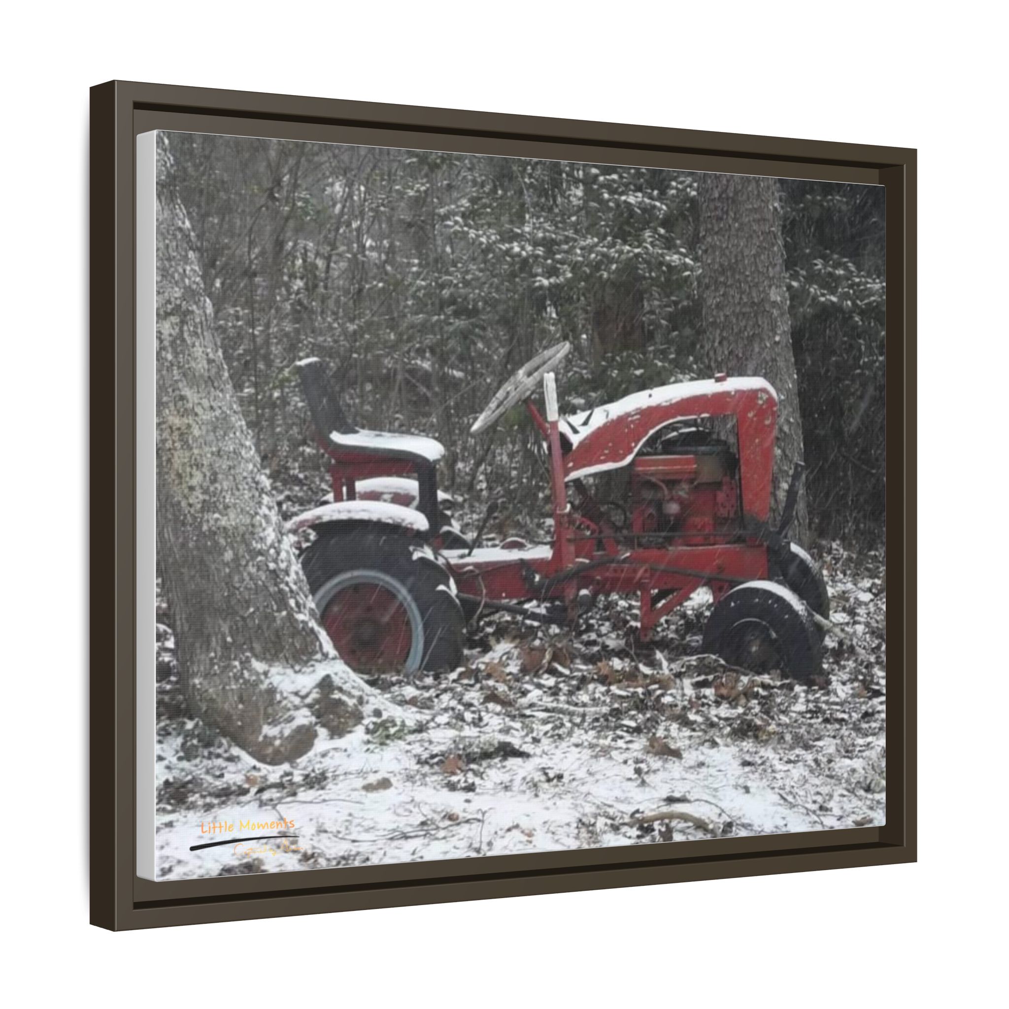 1503750266661344390_2048.jpeg Vintage Red Tractor in Snow — Framed Matte Canvas Wall Art