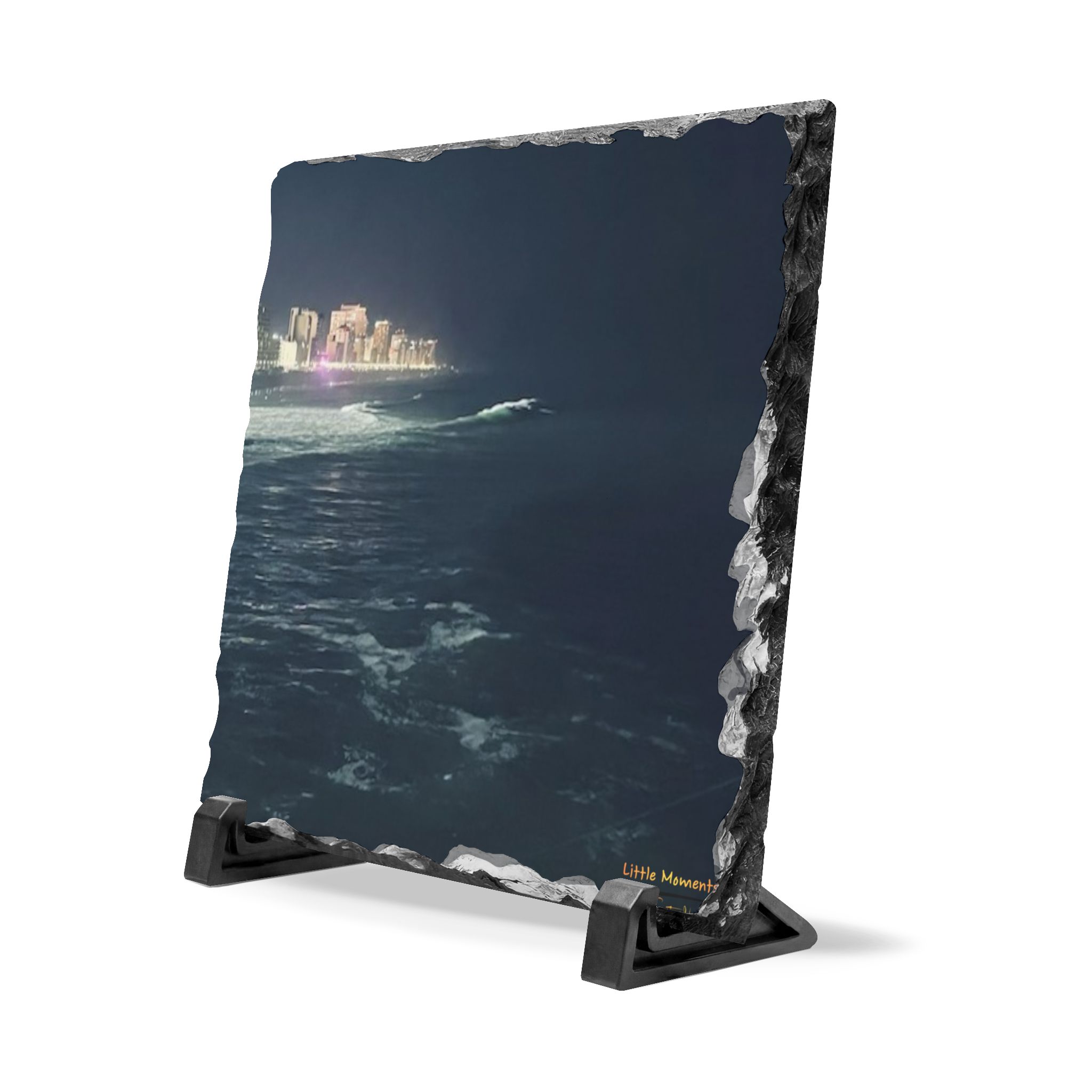 City Lights at Night Slate Desk Plaque — Coastal City Seascape Decor