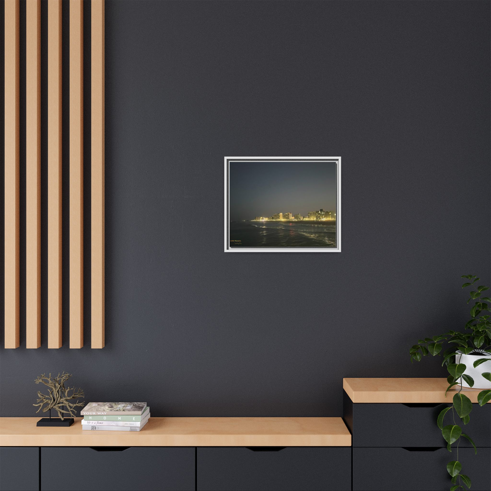 City Lights at Night series2 Framed Matte Canvas Print — Nighttime Coastal Cityscape