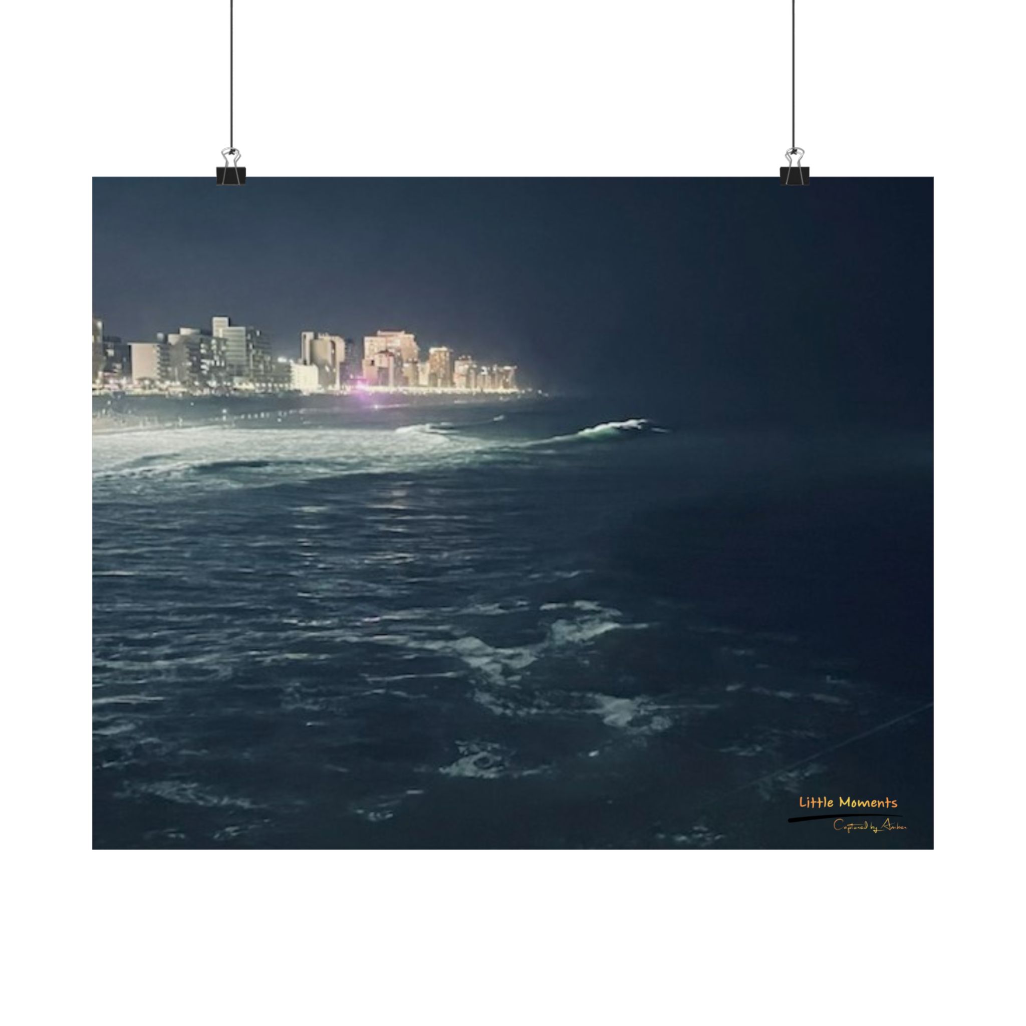 City Lights at Night Ocean Waves 1 Poster — Matte Horizontal Ocean Cityscape Wall Art