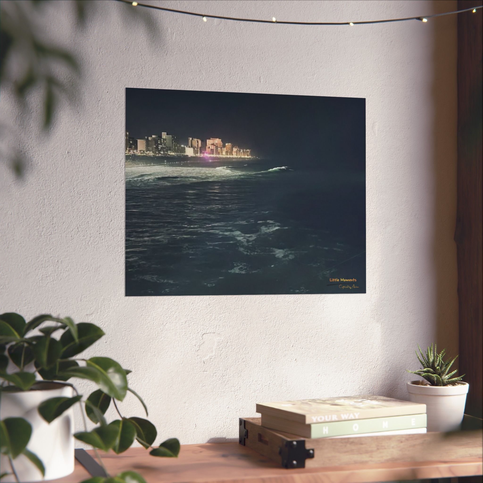 City Lights at Night Ocean Waves 1 Poster — Matte Horizontal Ocean Cityscape Wall Art