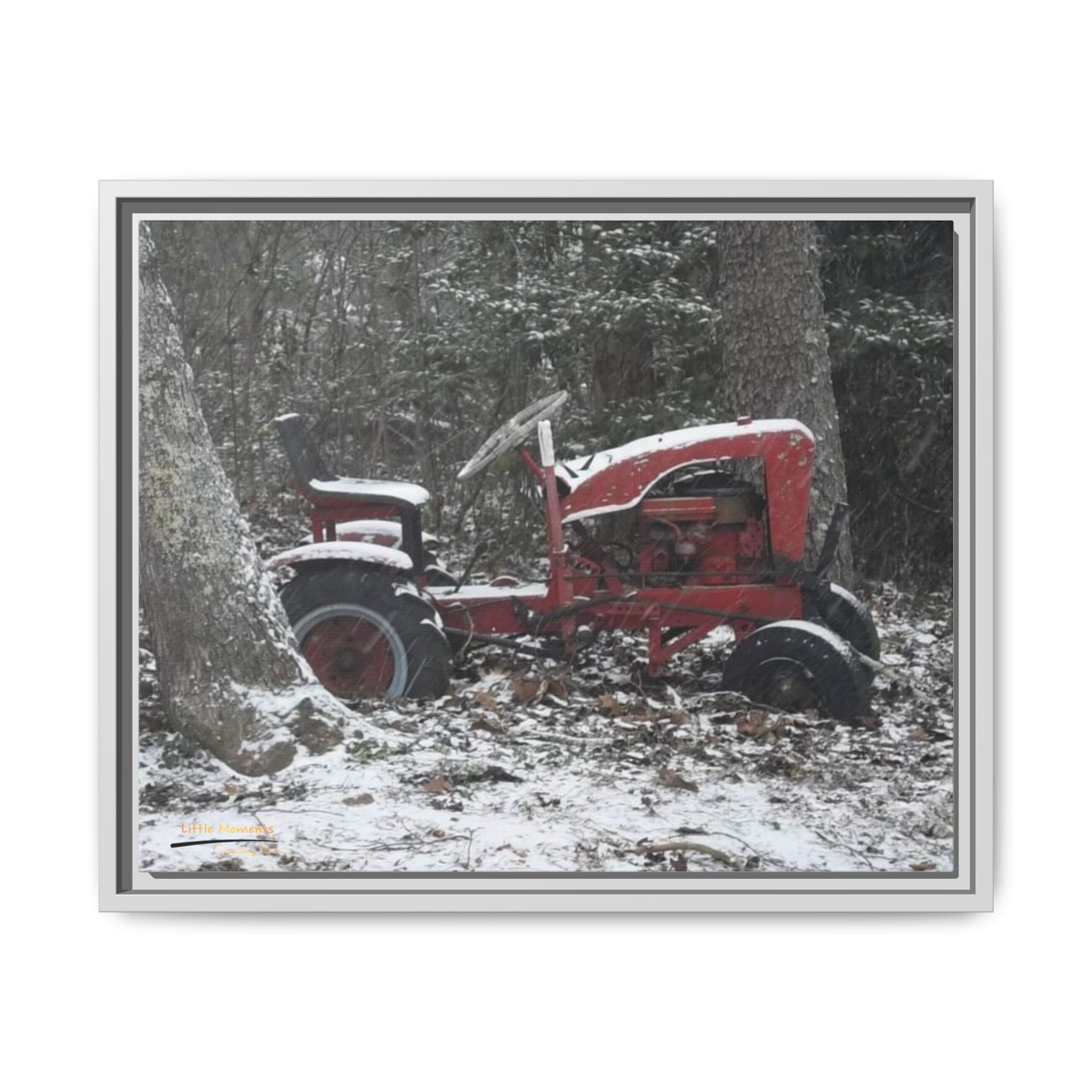16896570675992929291_2048.jpeg Vintage Red Tractor in Snow — Framed Matte Canvas Wall Art