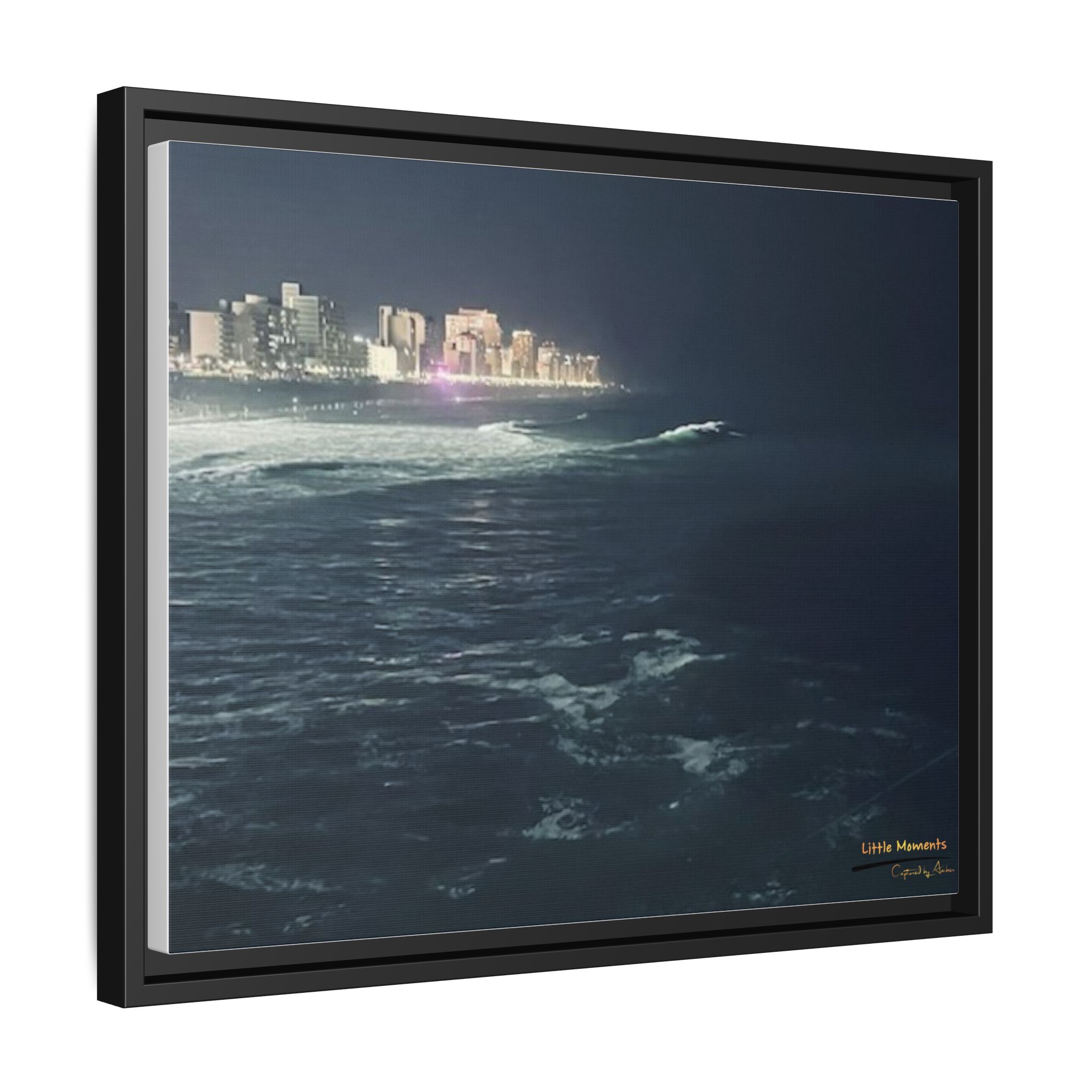 City Lights at Night Ocean Waves 2 Matte Framed Canvas — City Lights Over Ocean Wall Art