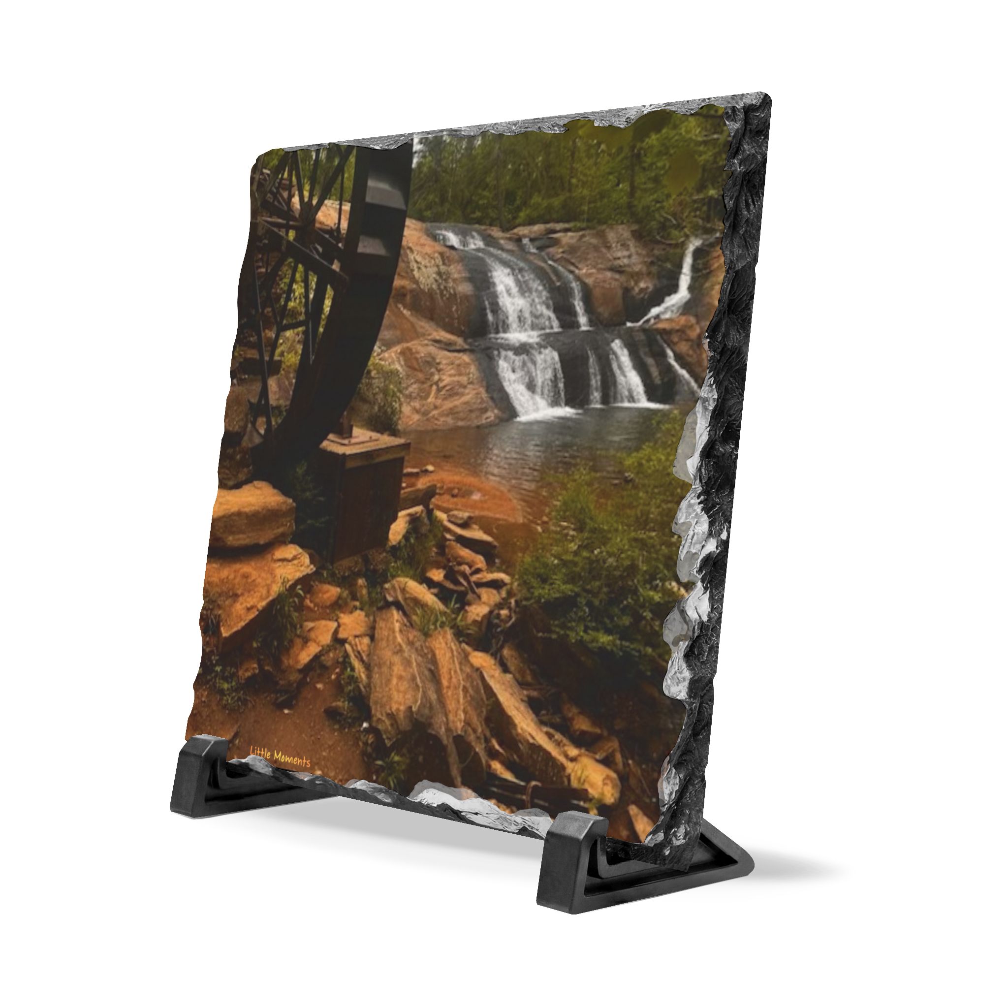 Waterwheel Waterfall Slate Desk Plaque – Scenic Waterfall Photograph Tabletop Decor
