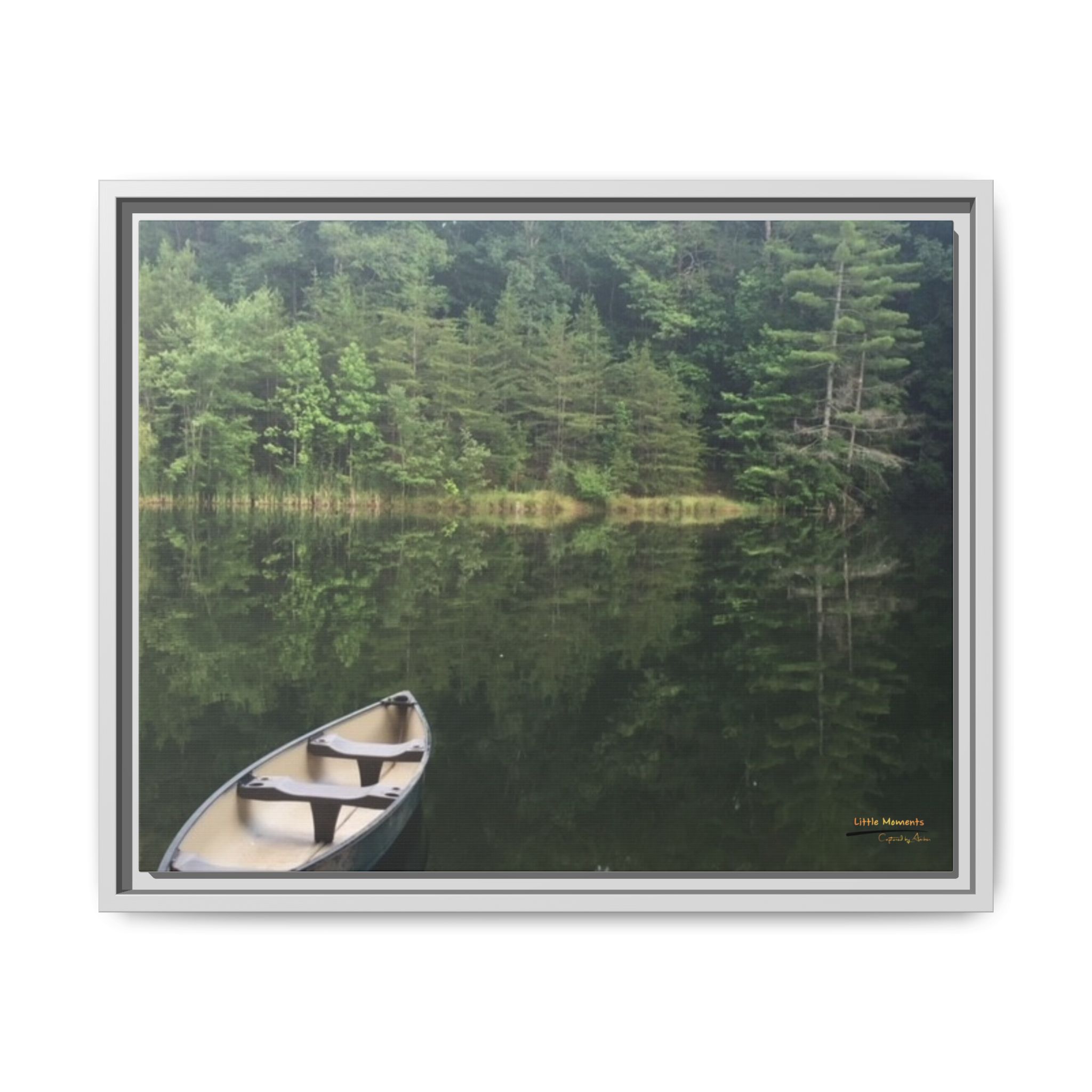 Canoe at Dawn Matte Canvas Print — Serene Forest Reflection Wall Art