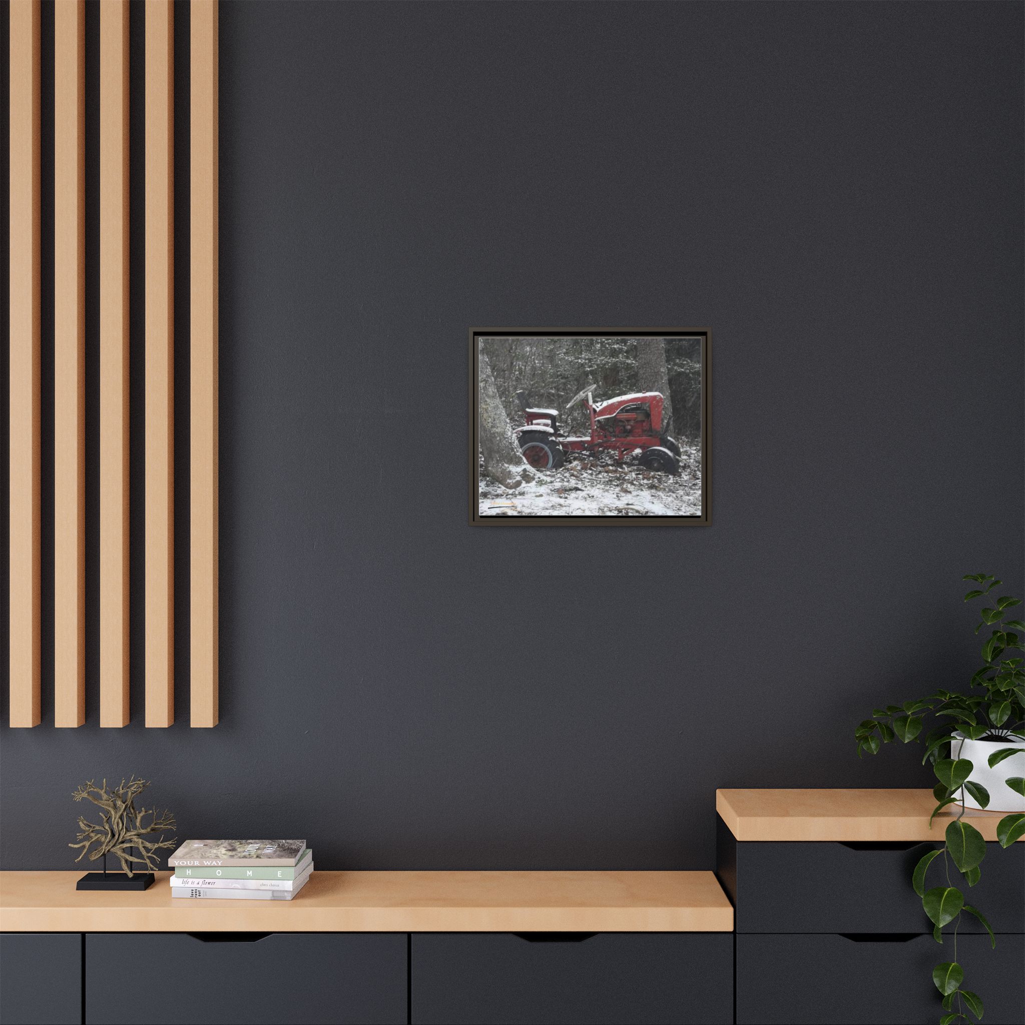 18421728030734582458_2048.jpeg Vintage Red Tractor in Snow — Framed Matte Canvas Wall Art