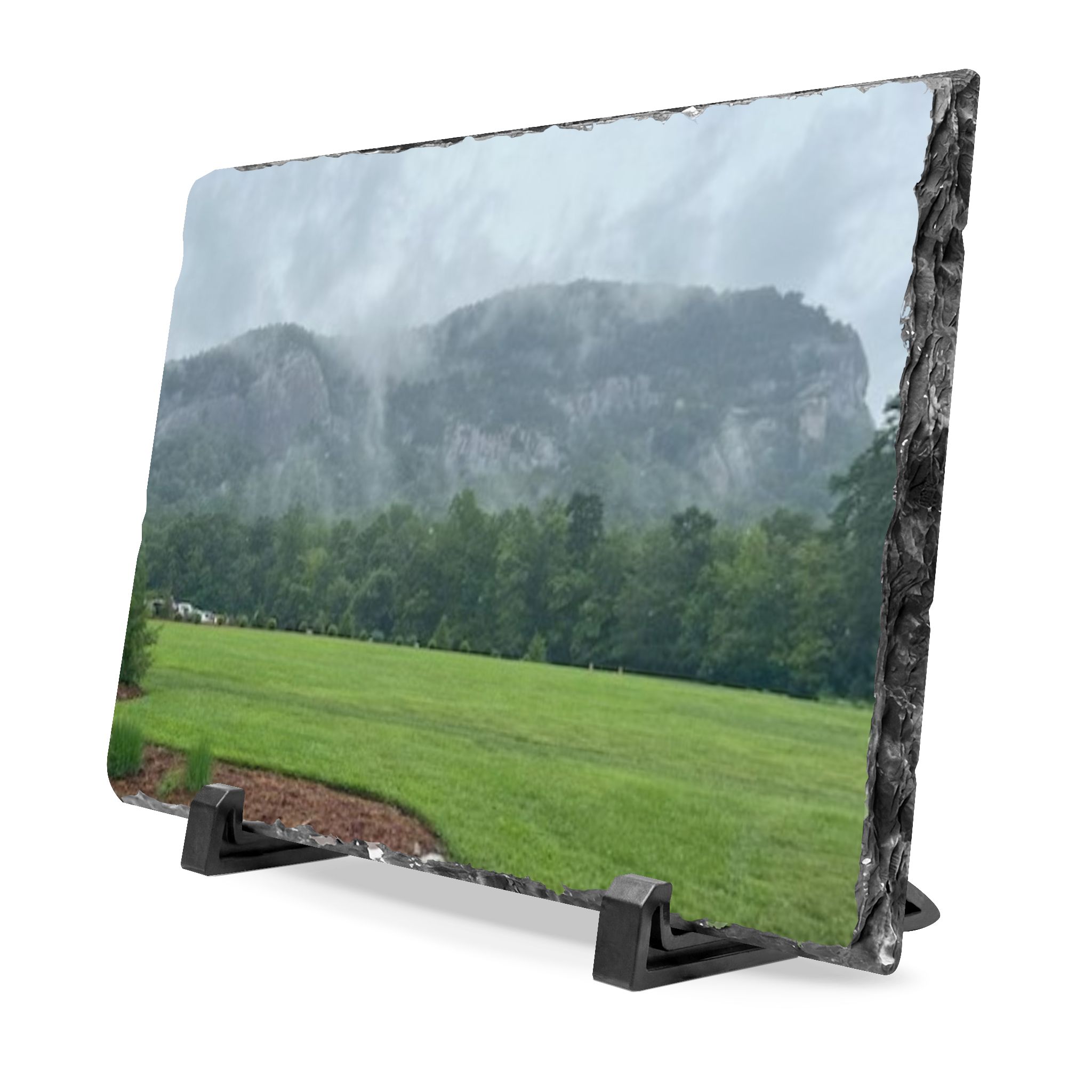 Misty Mountain Slate Desk Plaque — Custom Landscape Photo Keepsake