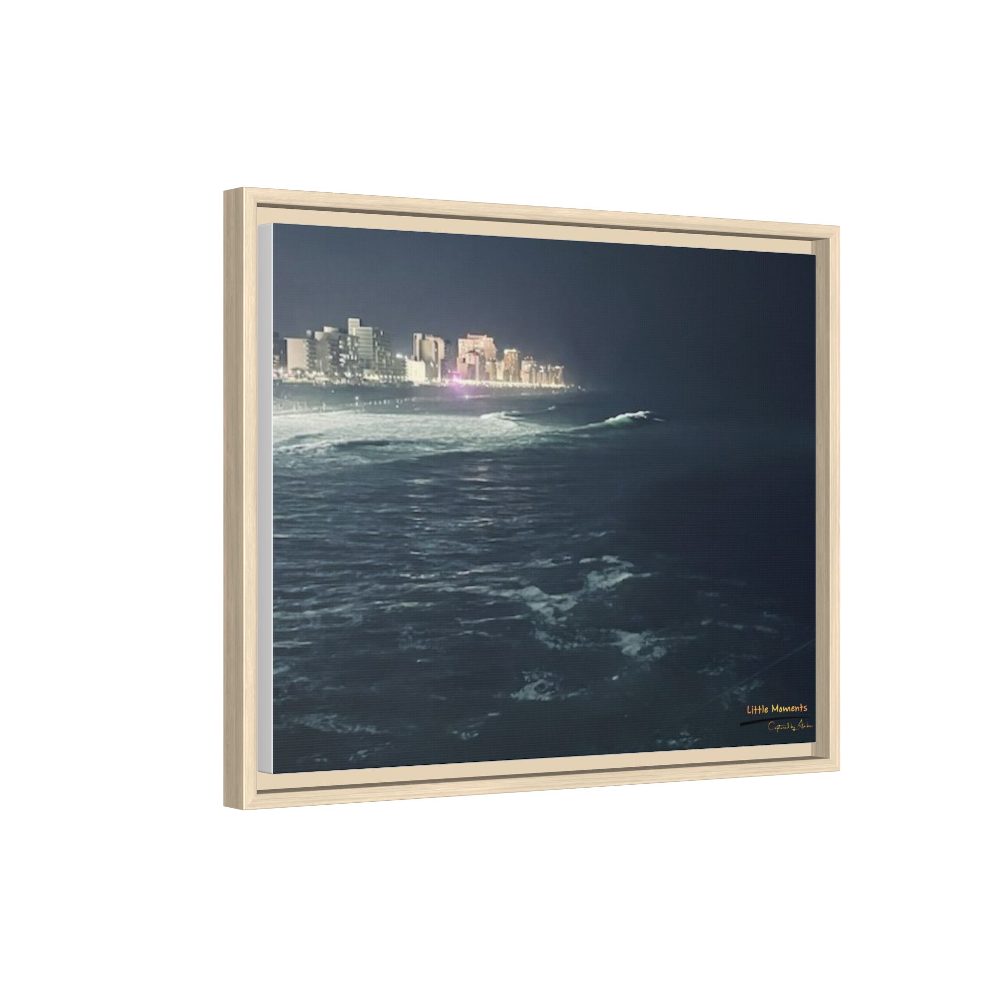 City Lights at Night Ocean Waves 2 Matte Framed Canvas — City Lights Over Ocean Wall Art