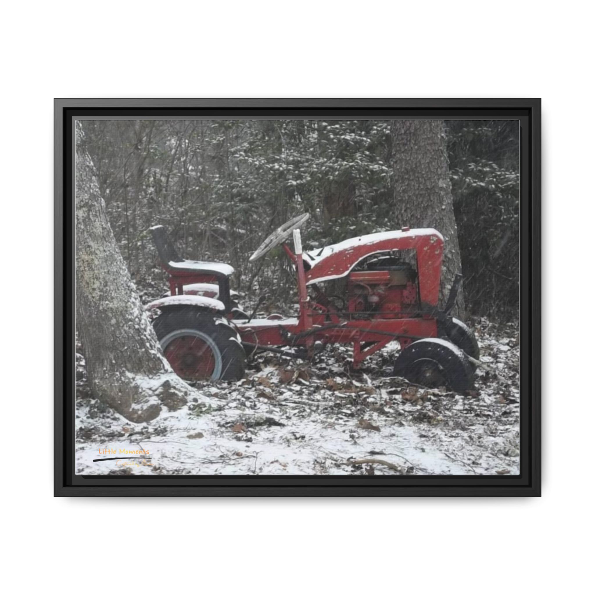 2143623036715416840_2048.jpeg Vintage Red Tractor in Snow — Framed Matte Canvas Wall Art