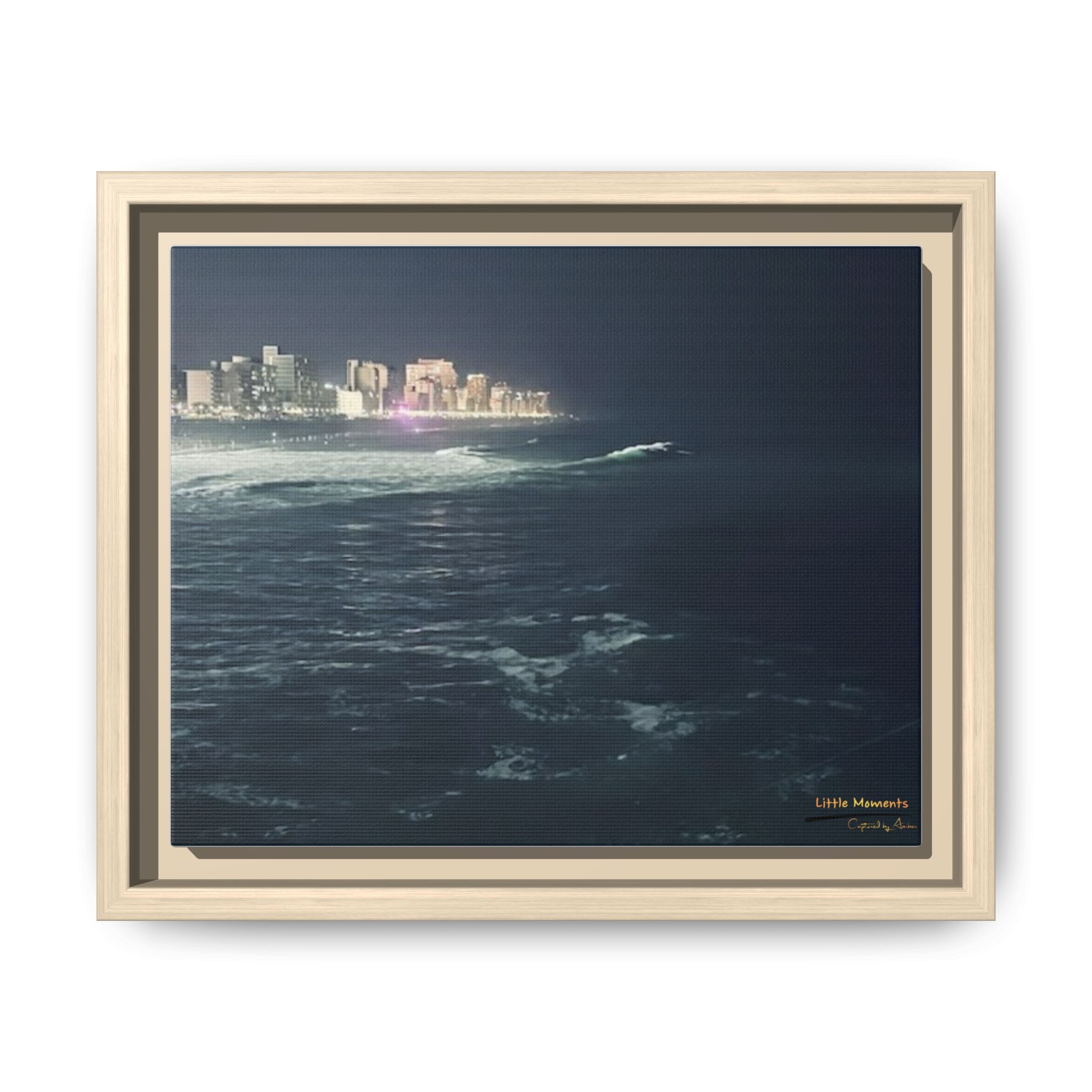 City Lights at Night Ocean Waves 2 Matte Framed Canvas — City Lights Over Ocean Wall Art