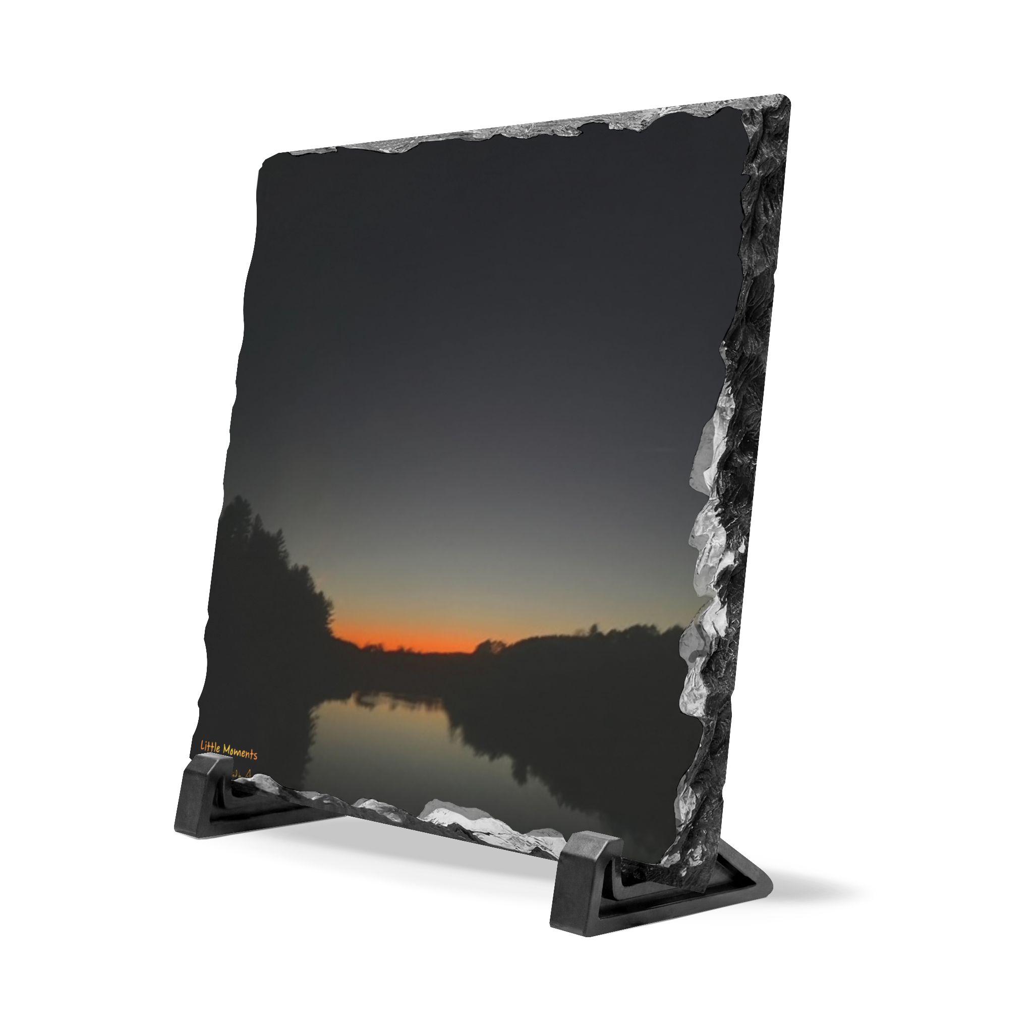 Calm Lake Sunset Slate Desk Plaque – Rustic Evening Landscape Home Décor