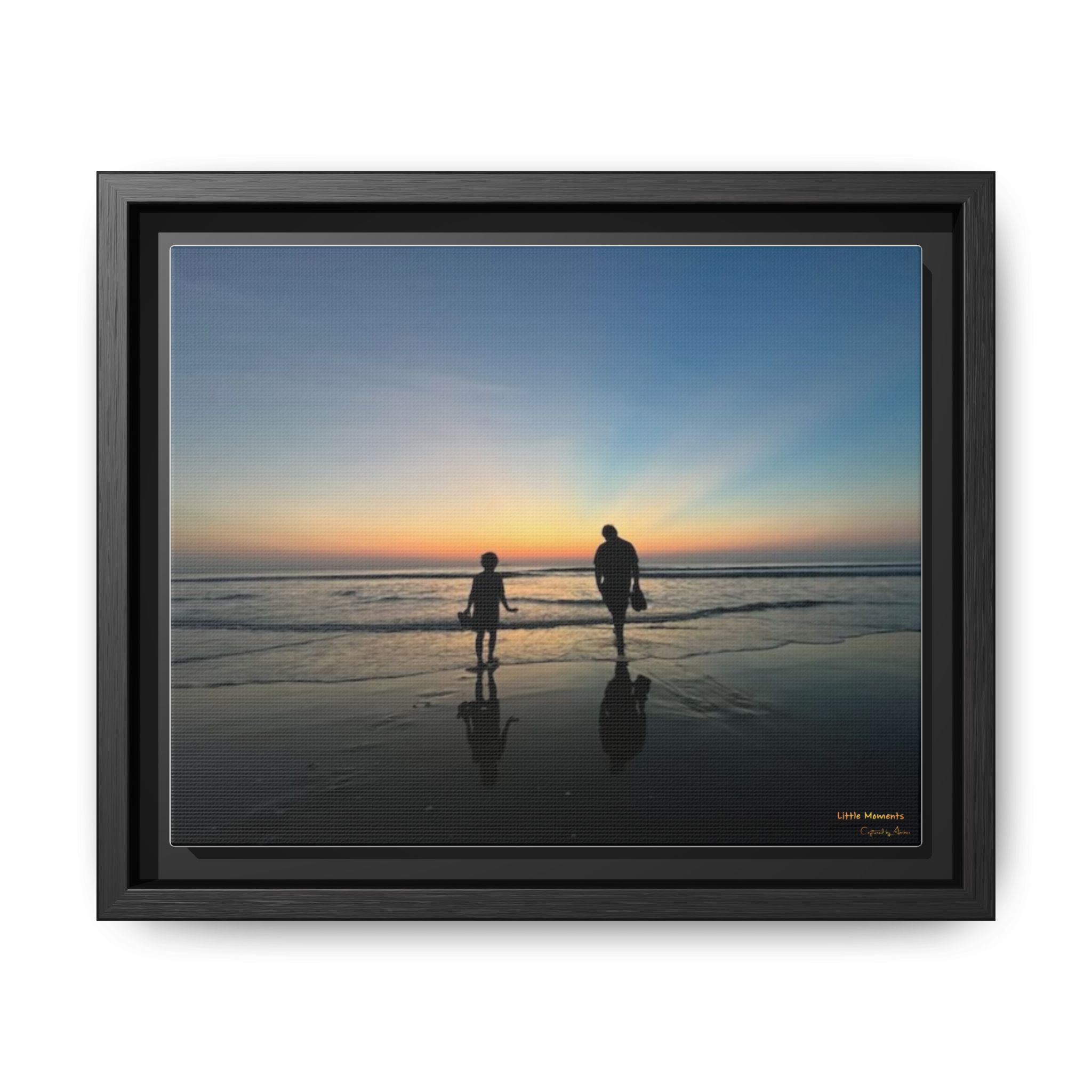 Father and Child Beach Sunset Framed Matte Canvas Print