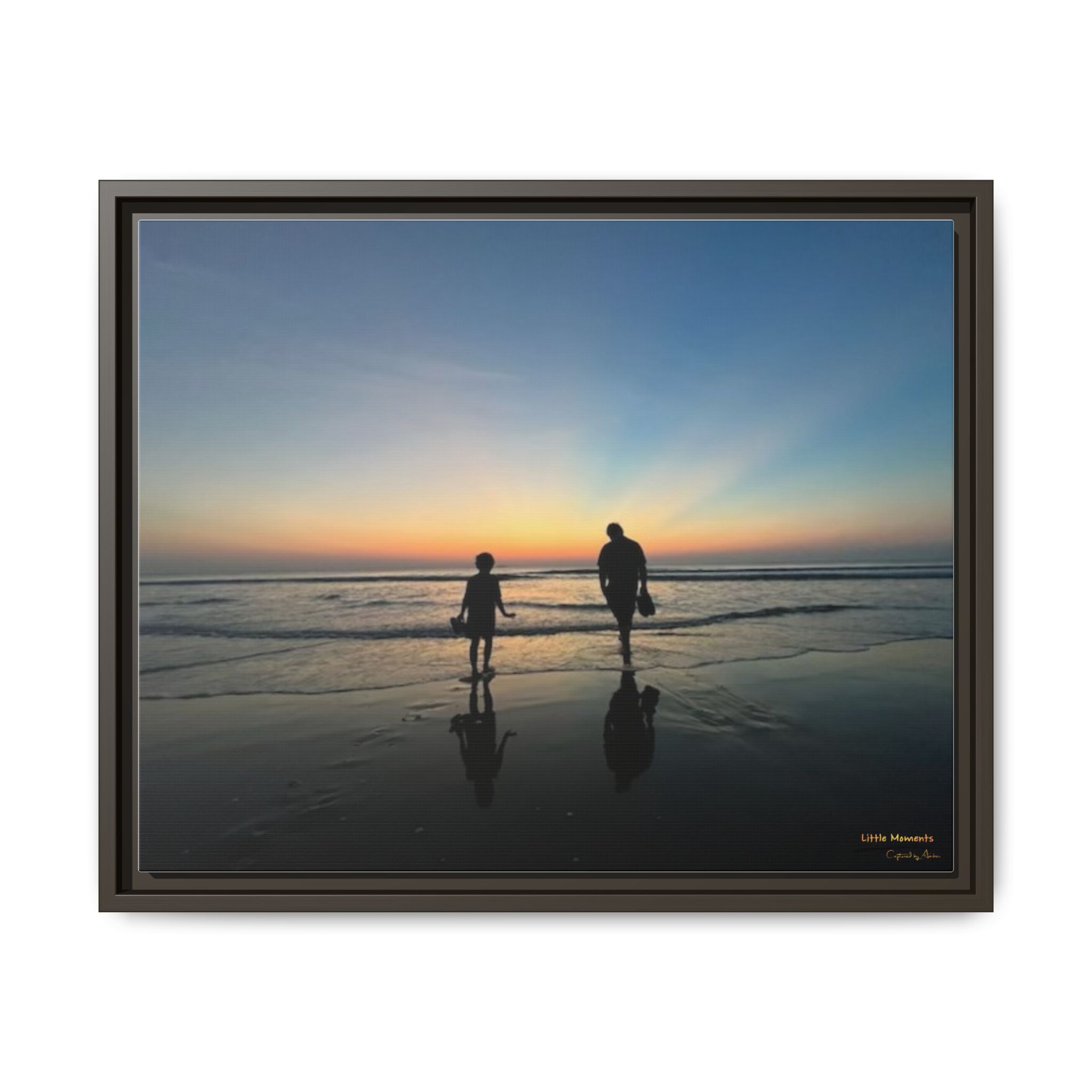 Father and Child Beach Sunset Framed Matte Canvas Print