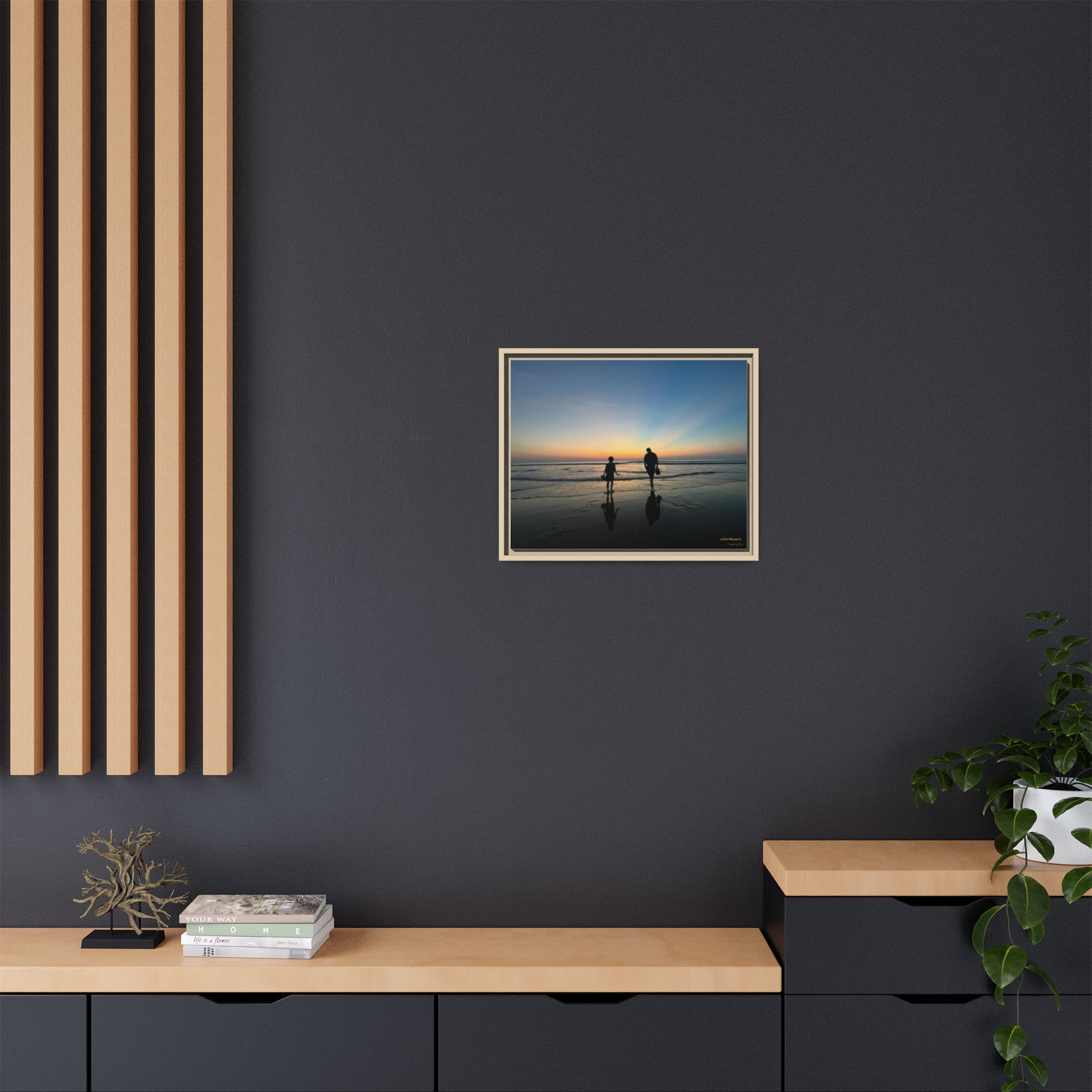 Father and Child Beach Sunset Framed Matte Canvas Print