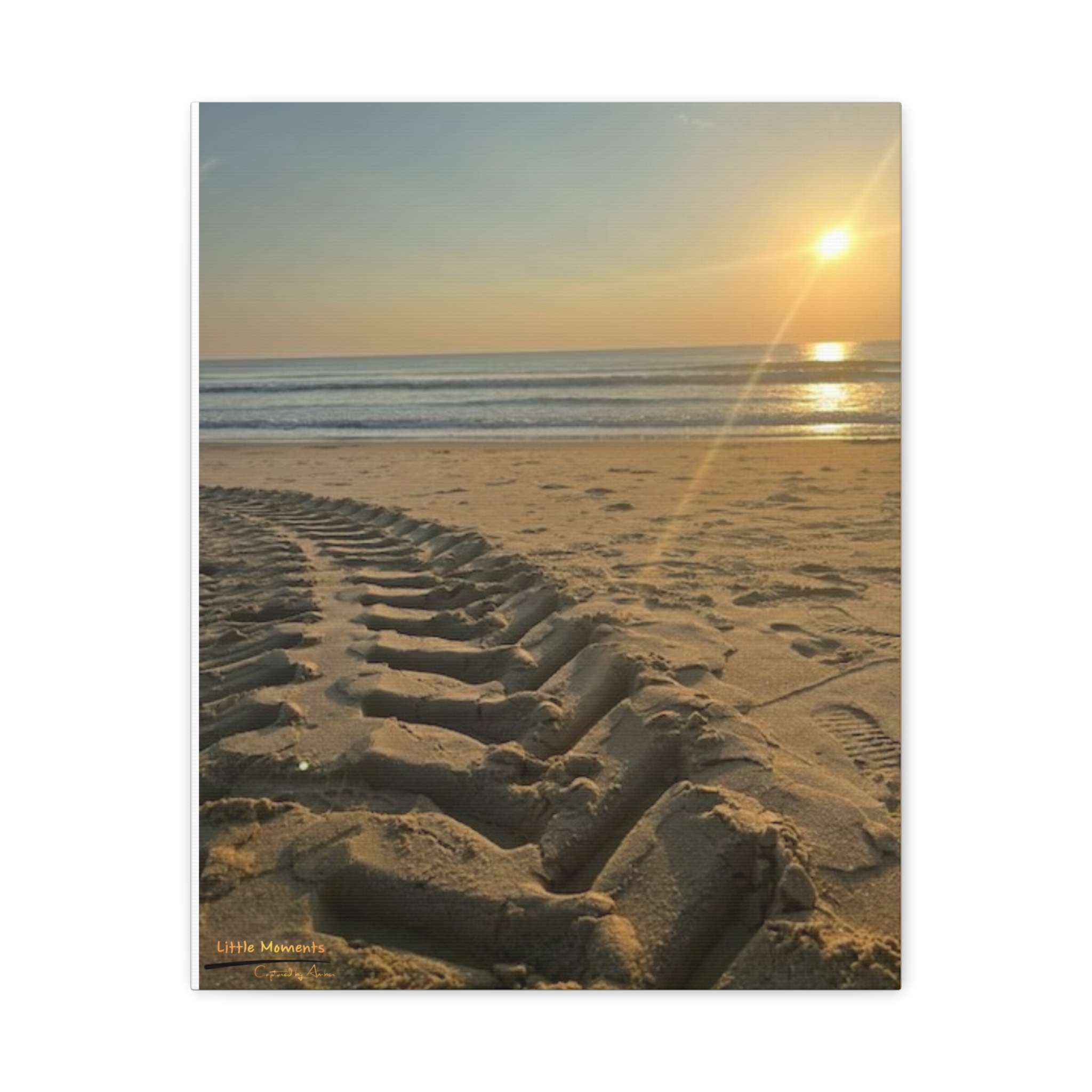 Sunset Beach Tire Track Canvas Print — Tire Tracks on Sand Matte Stretched Wall Art