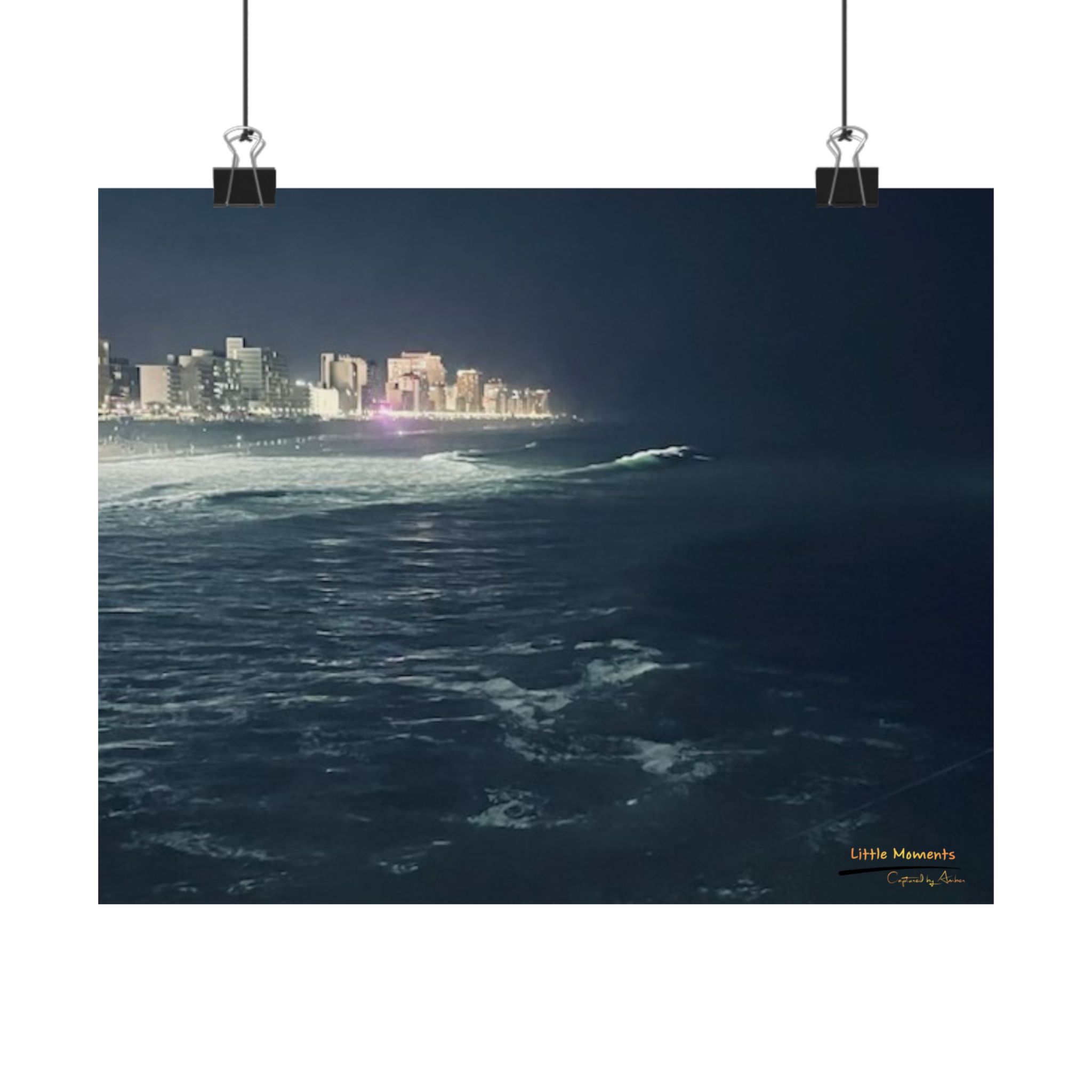 City Lights at Night Ocean Waves 1 Poster — Matte Horizontal Ocean Cityscape Wall Art