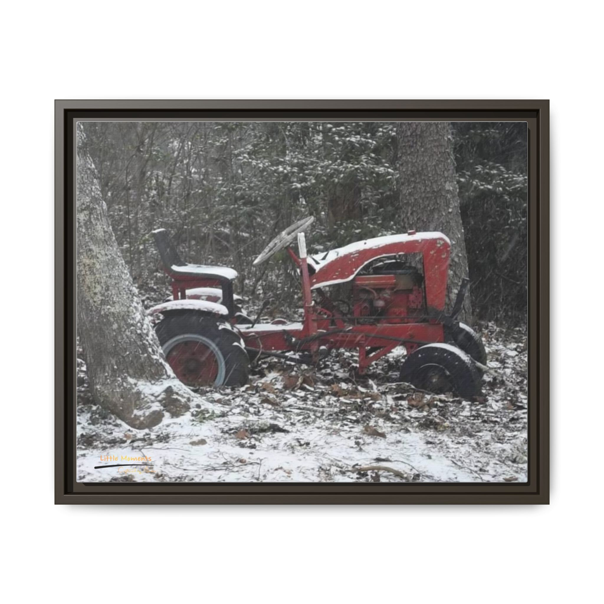 3536610037401096843_2048.jpeg Vintage Red Tractor in Snow — Framed Matte Canvas Wall Art