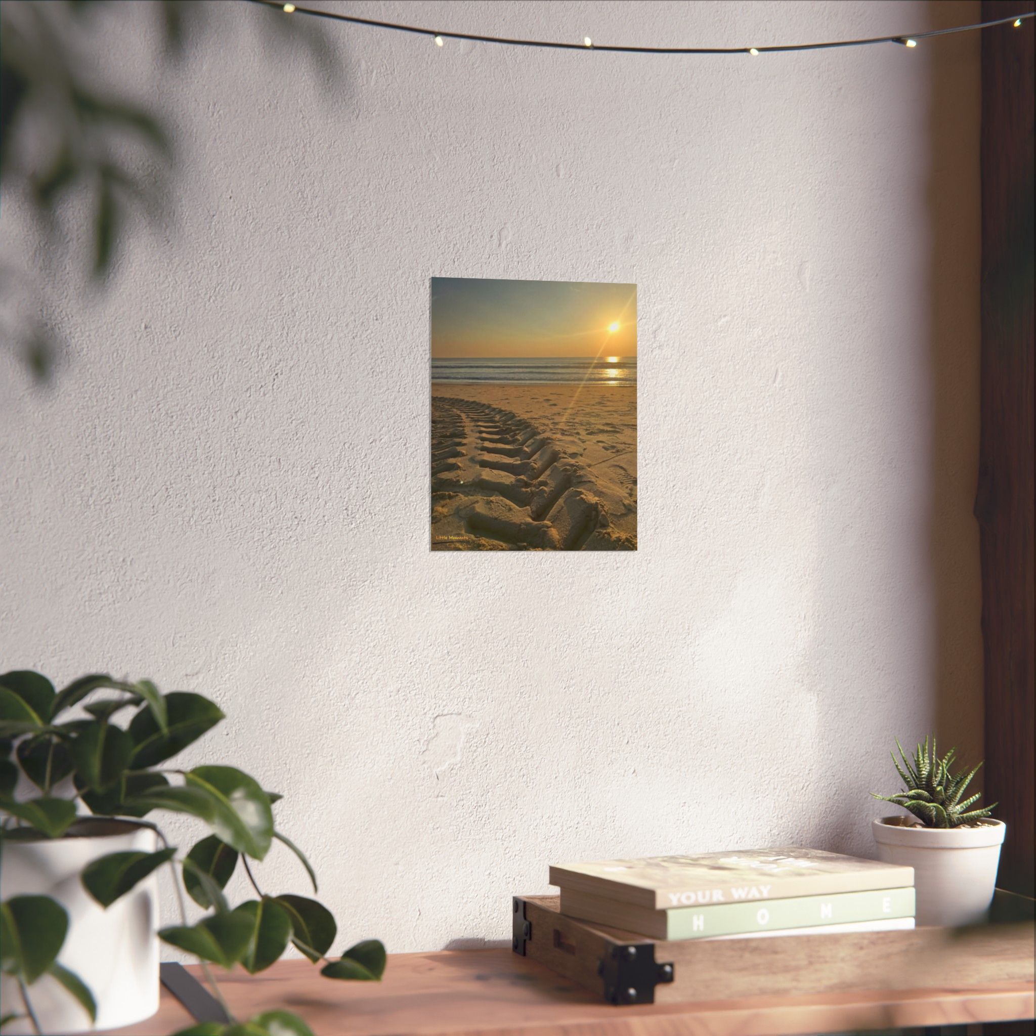 Sunset Beach Tire Track Poster — Matte Vertical Coastal Wall Art