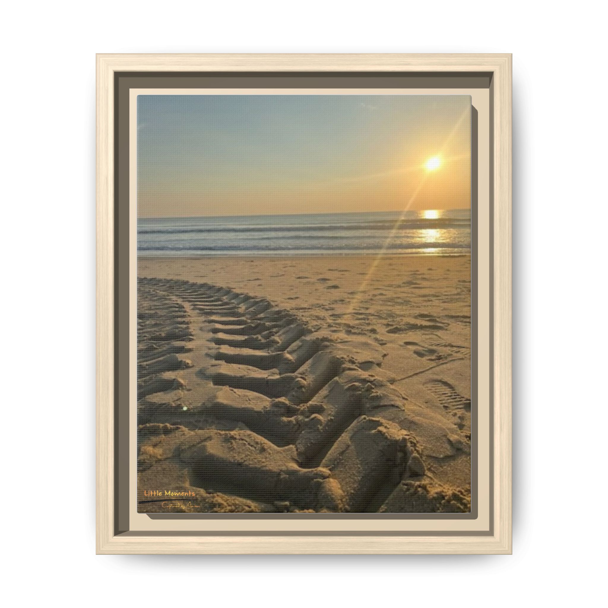 Sunset Beach Tire Track framed Canvas — Tire Track Seashore Wall Art