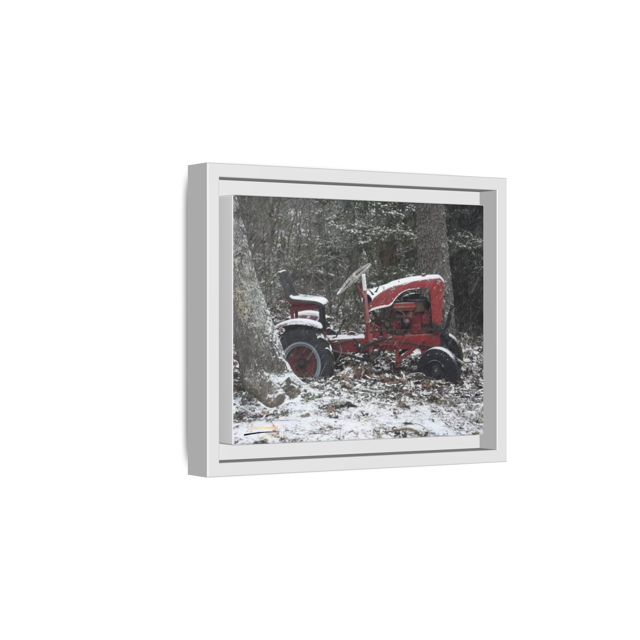 3879162764134913218_2048.jpeg Vintage Red Tractor in Snow — Framed Matte Canvas Wall Art