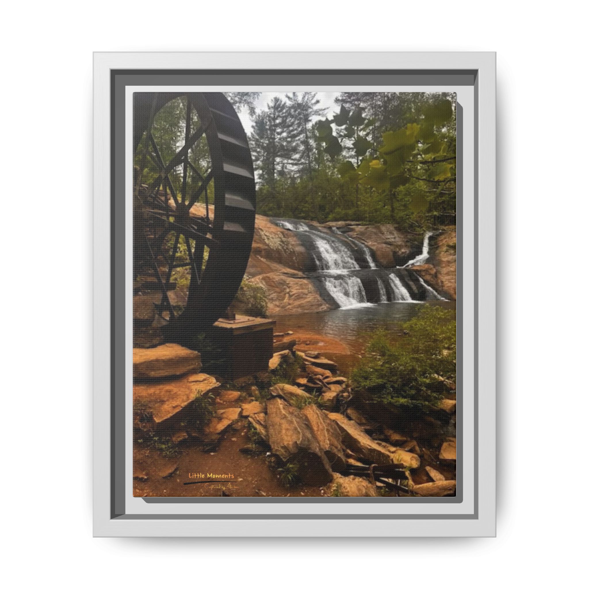 Waterwheel Waterfall Framed Canvas Print – Rustic Nature Wall Art