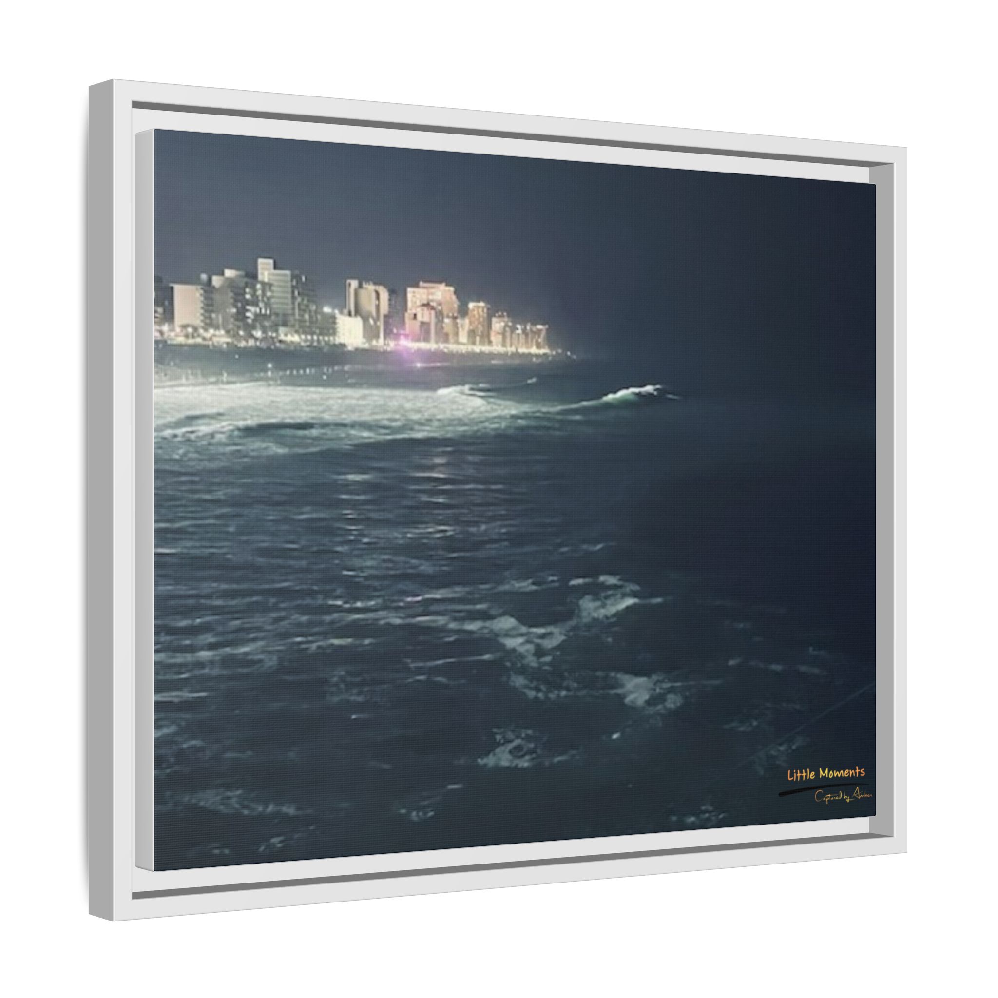 City Lights at Night Ocean Waves 2 Matte Framed Canvas — City Lights Over Ocean Wall Art