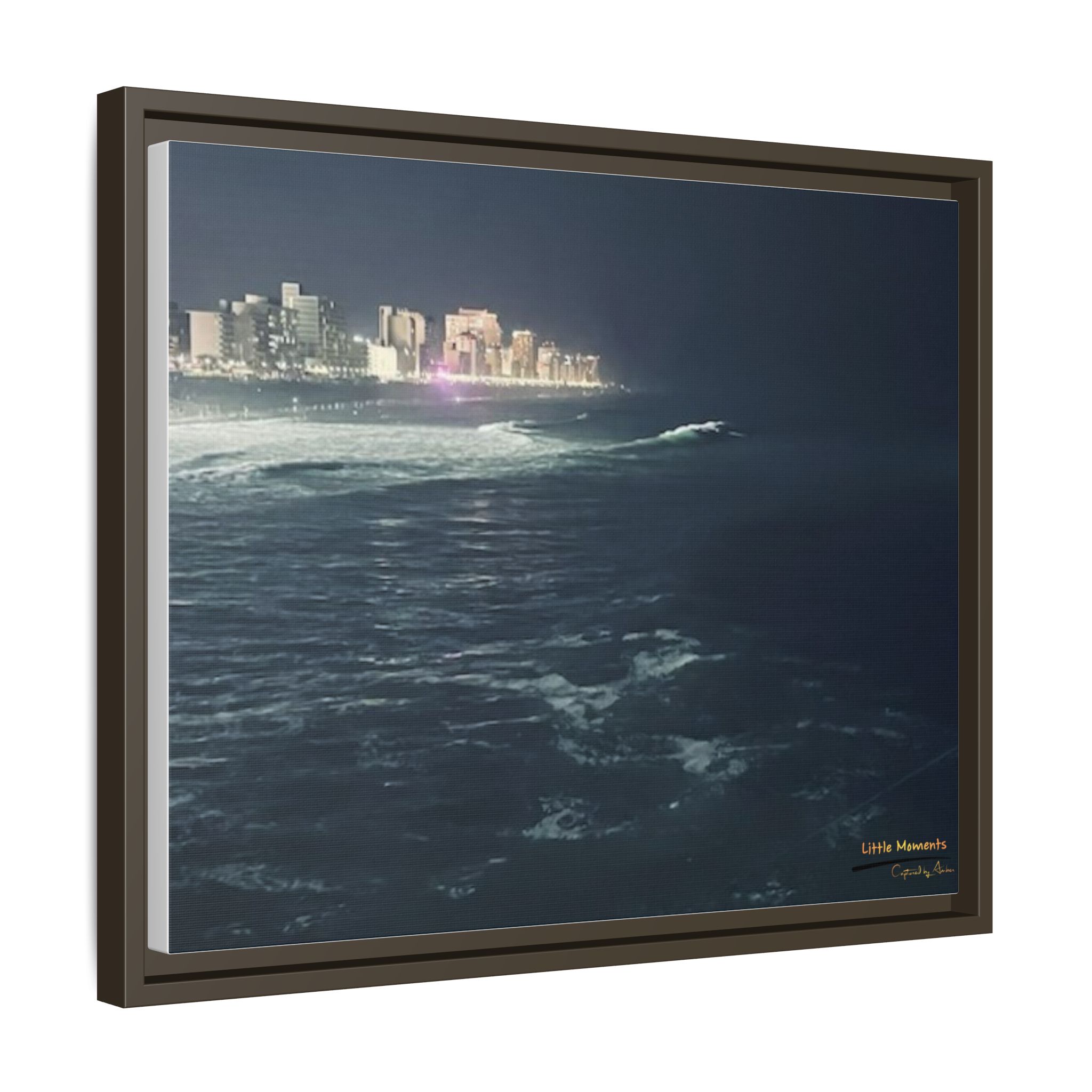 City Lights at Night Ocean Waves 2 Matte Framed Canvas — City Lights Over Ocean Wall Art