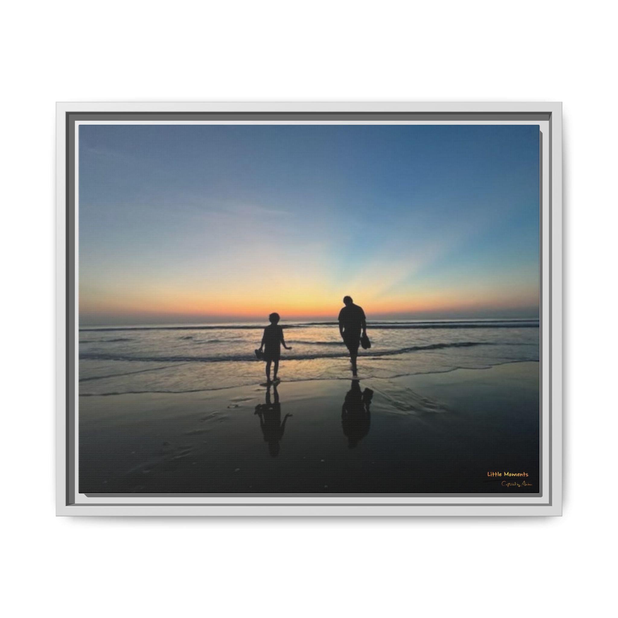Father and Child Beach Sunset Framed Matte Canvas Print