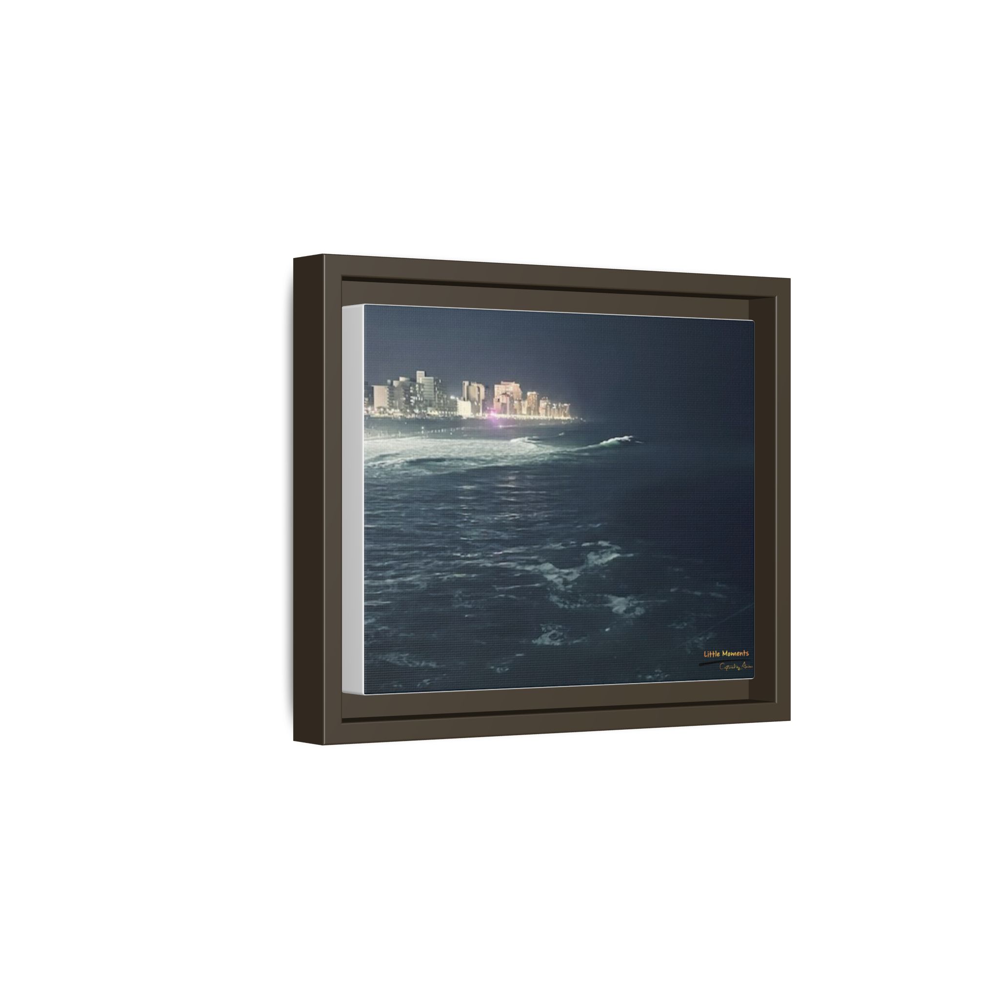 City Lights at Night Ocean Waves 2 Matte Framed Canvas — City Lights Over Ocean Wall Art